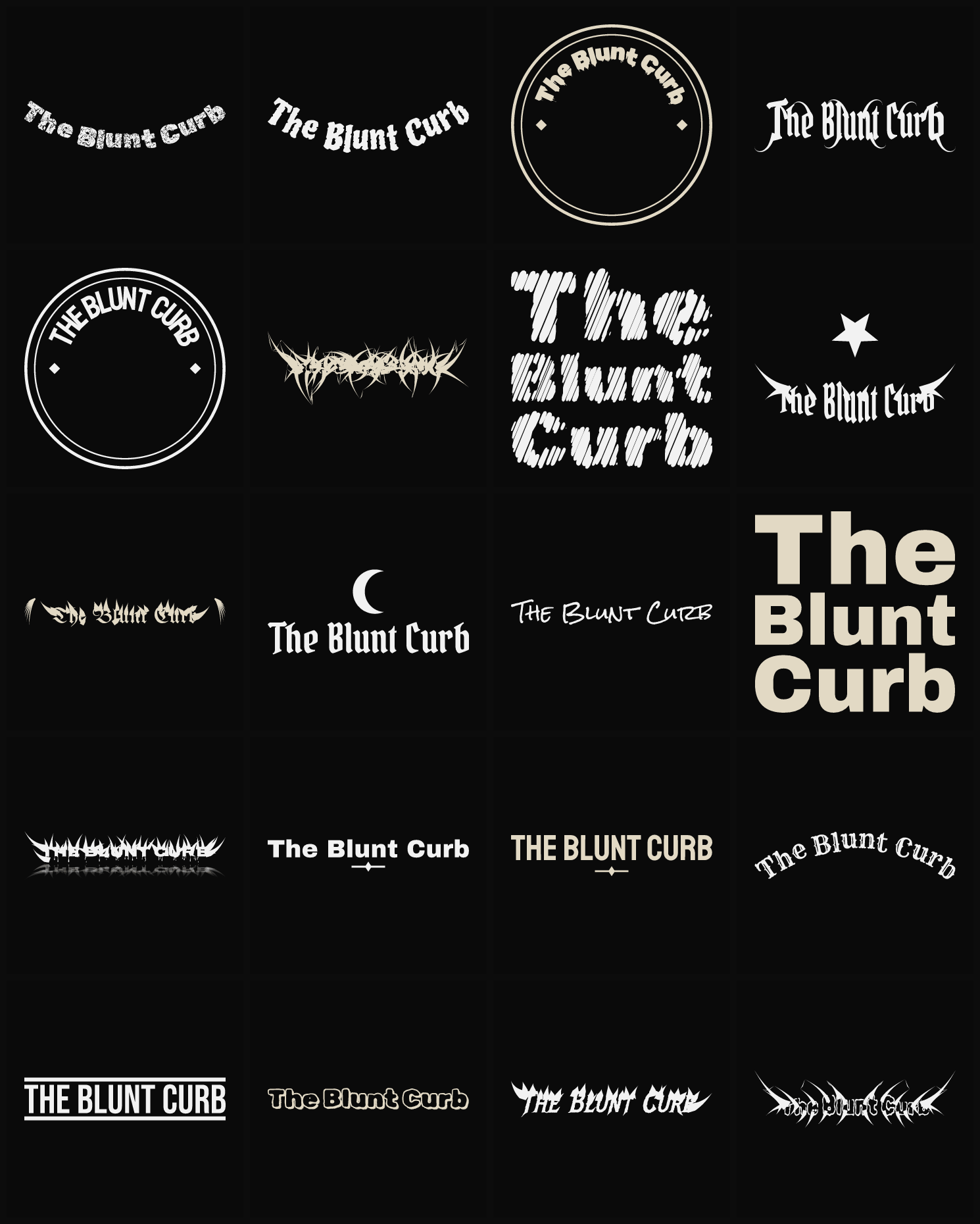 Twenty The Blunt Curb band logo ideas — different faces, treatments and spike settings