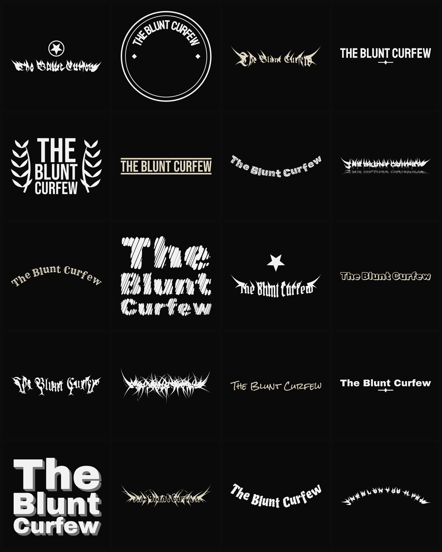 Twenty The Blunt Curfew band logo ideas — different faces, treatments and spike settings
