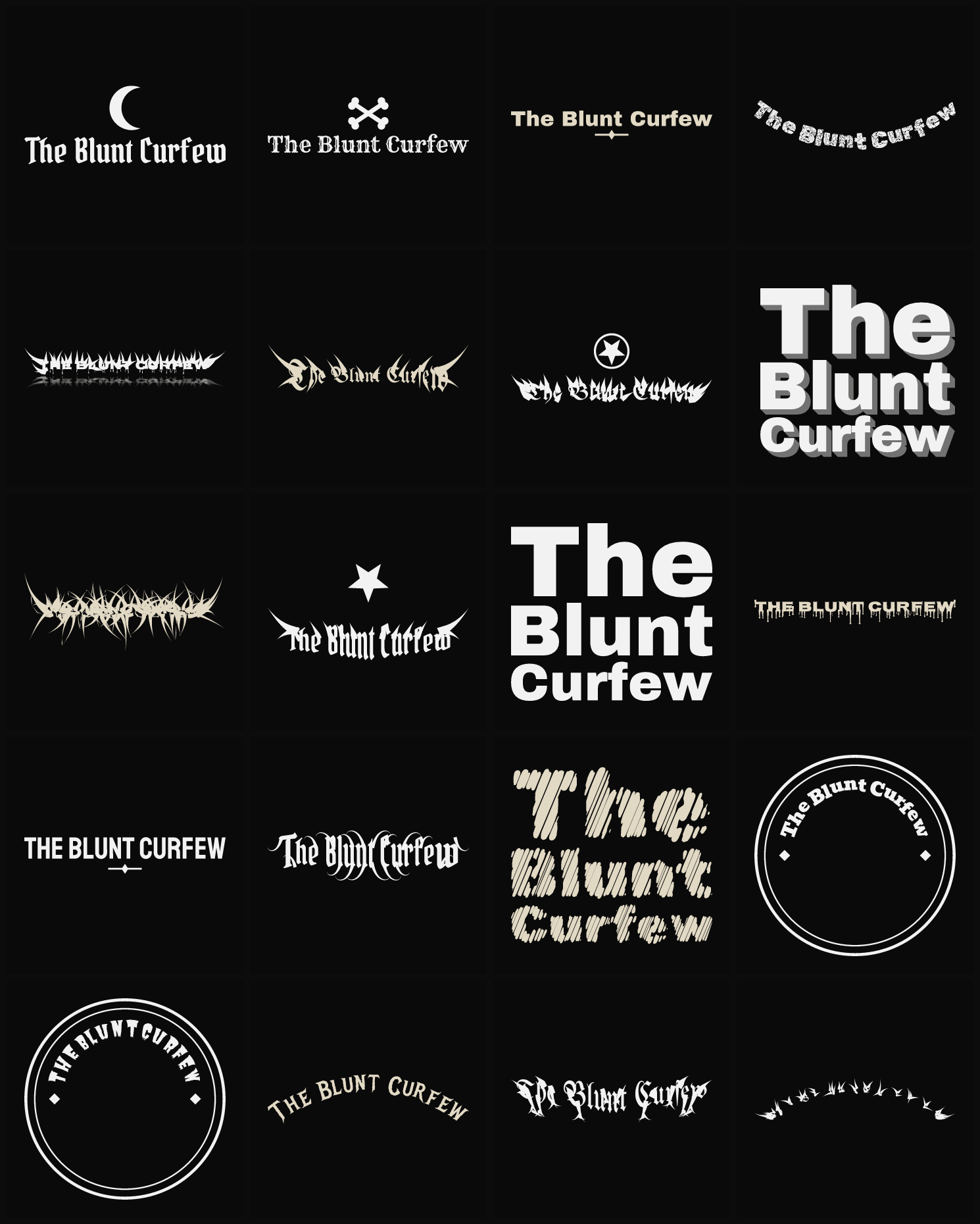 Twenty The Blunt Curfew band logo ideas — different faces, treatments and spike settings