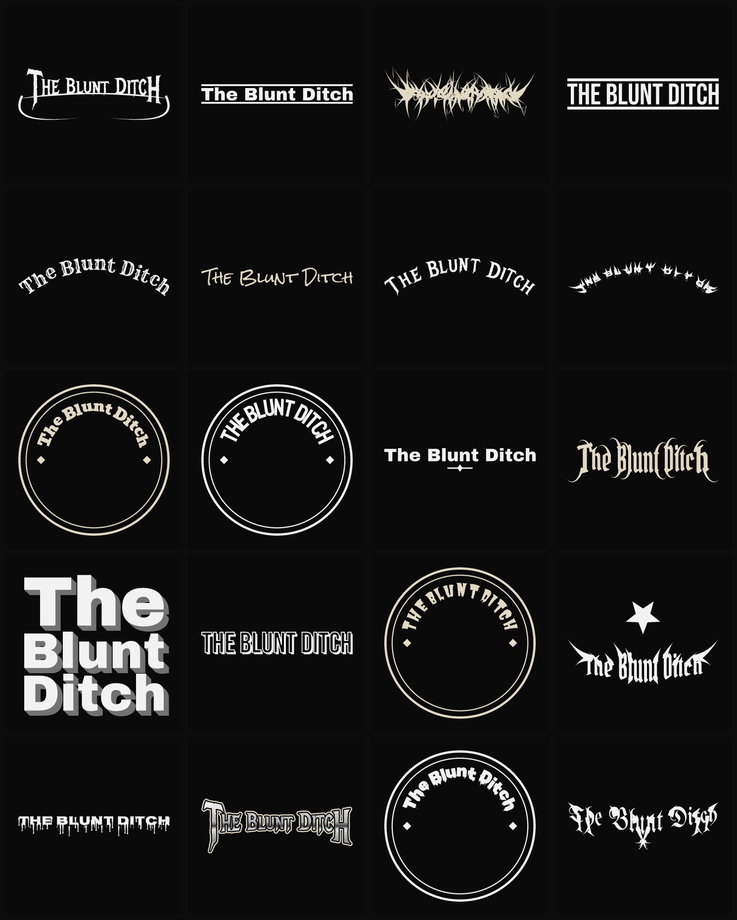 Twenty The Blunt Ditch band logo ideas — different faces, treatments and spike settings