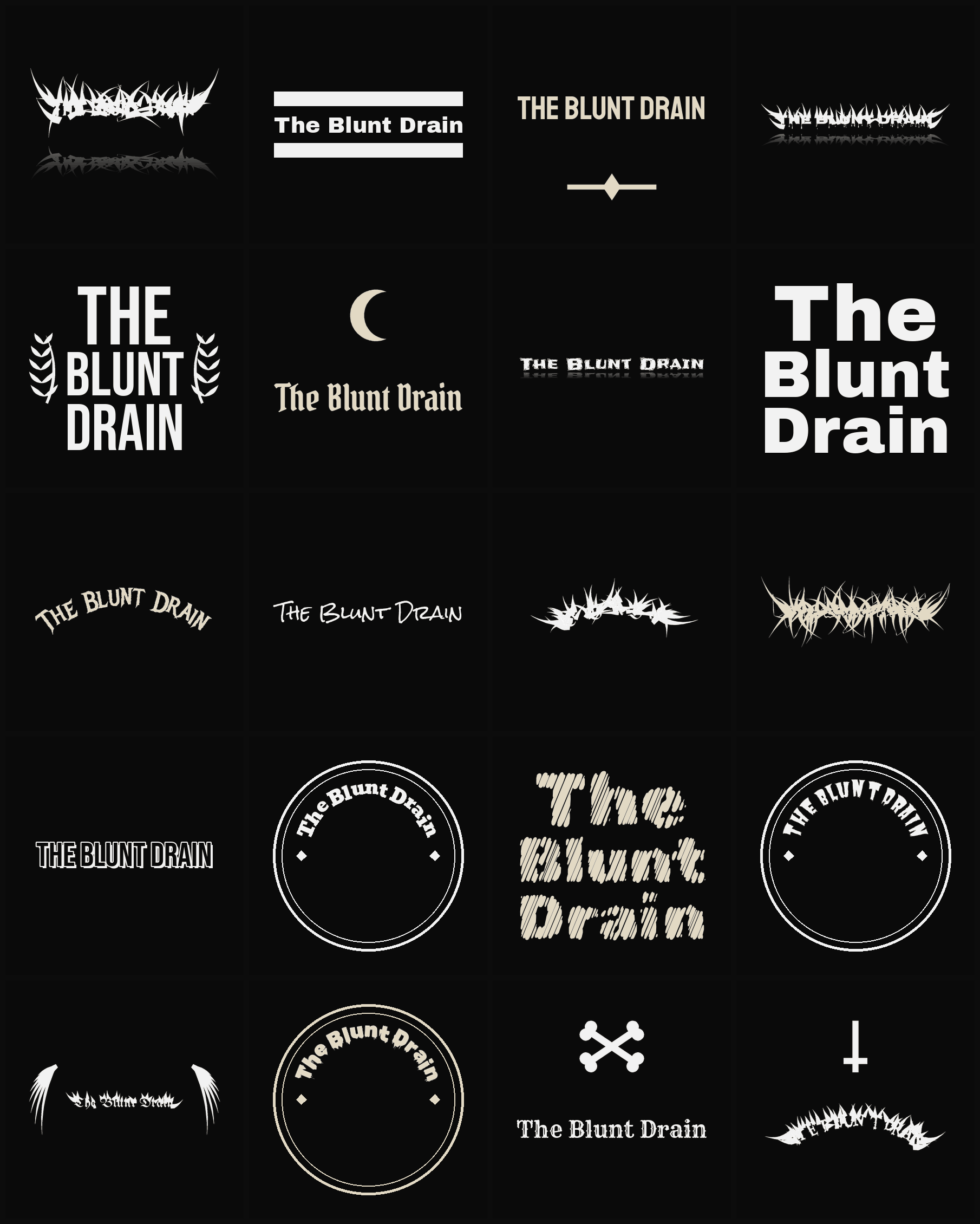 Twenty The Blunt Drain band logo ideas — different faces, treatments and spike settings