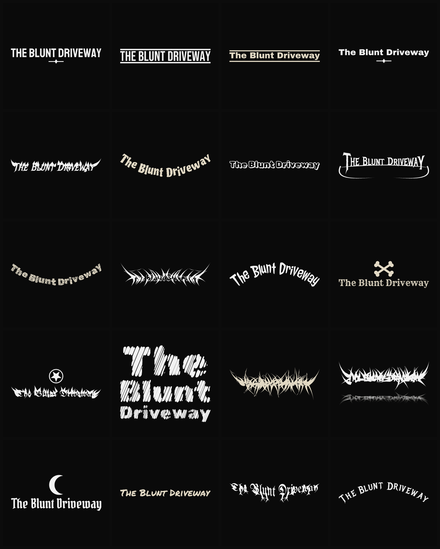 Twenty The Blunt Driveway band logo ideas — different faces, treatments and spike settings