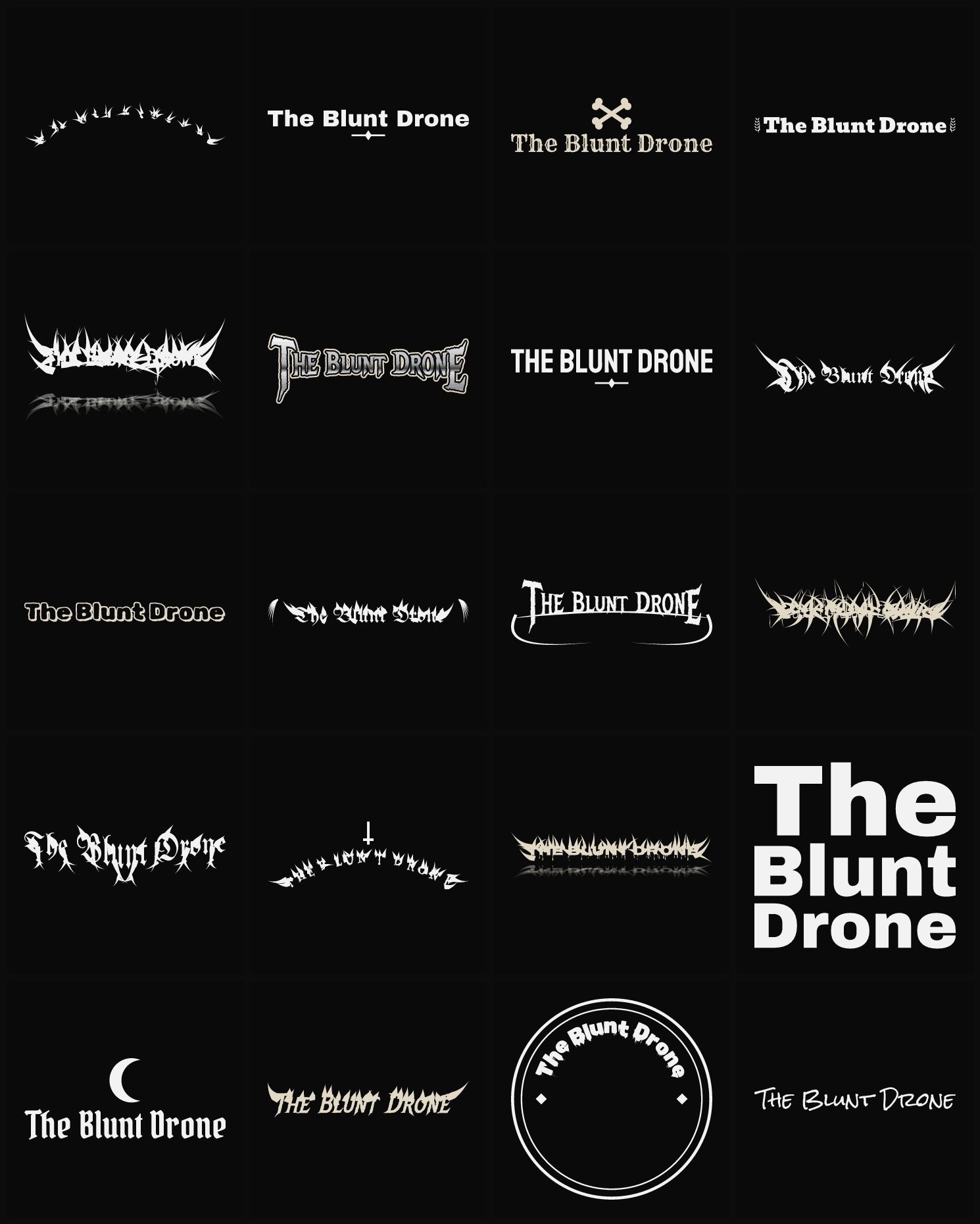 Twenty The Blunt Drone band logo ideas — different faces, treatments and spike settings