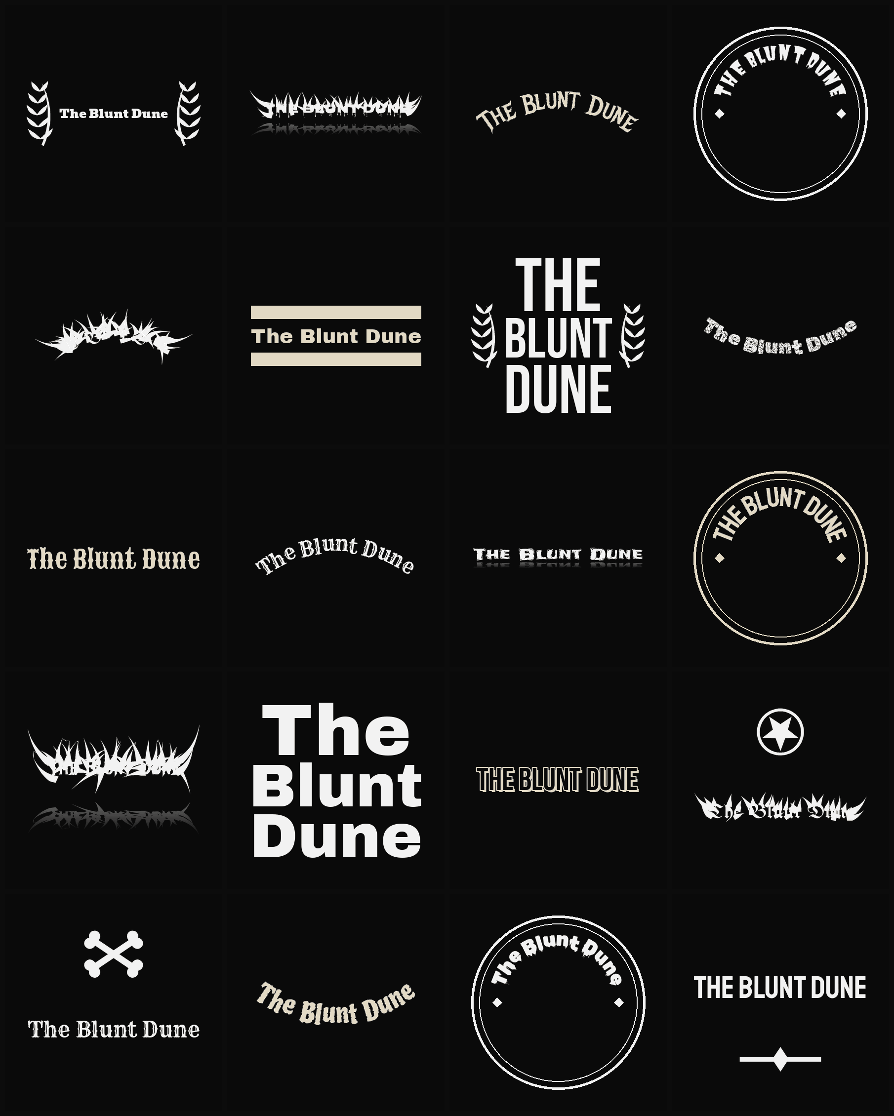 Twenty The Blunt Dune band logo ideas — different faces, treatments and spike settings
