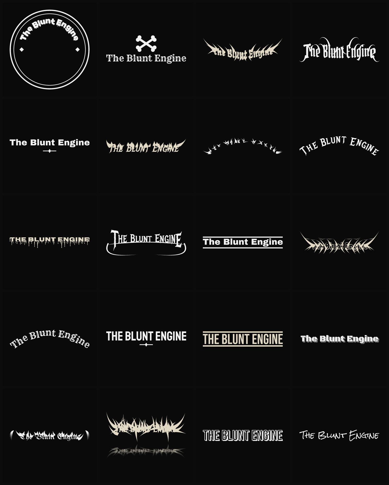Twenty The Blunt Engine band logo ideas — different faces, treatments and spike settings