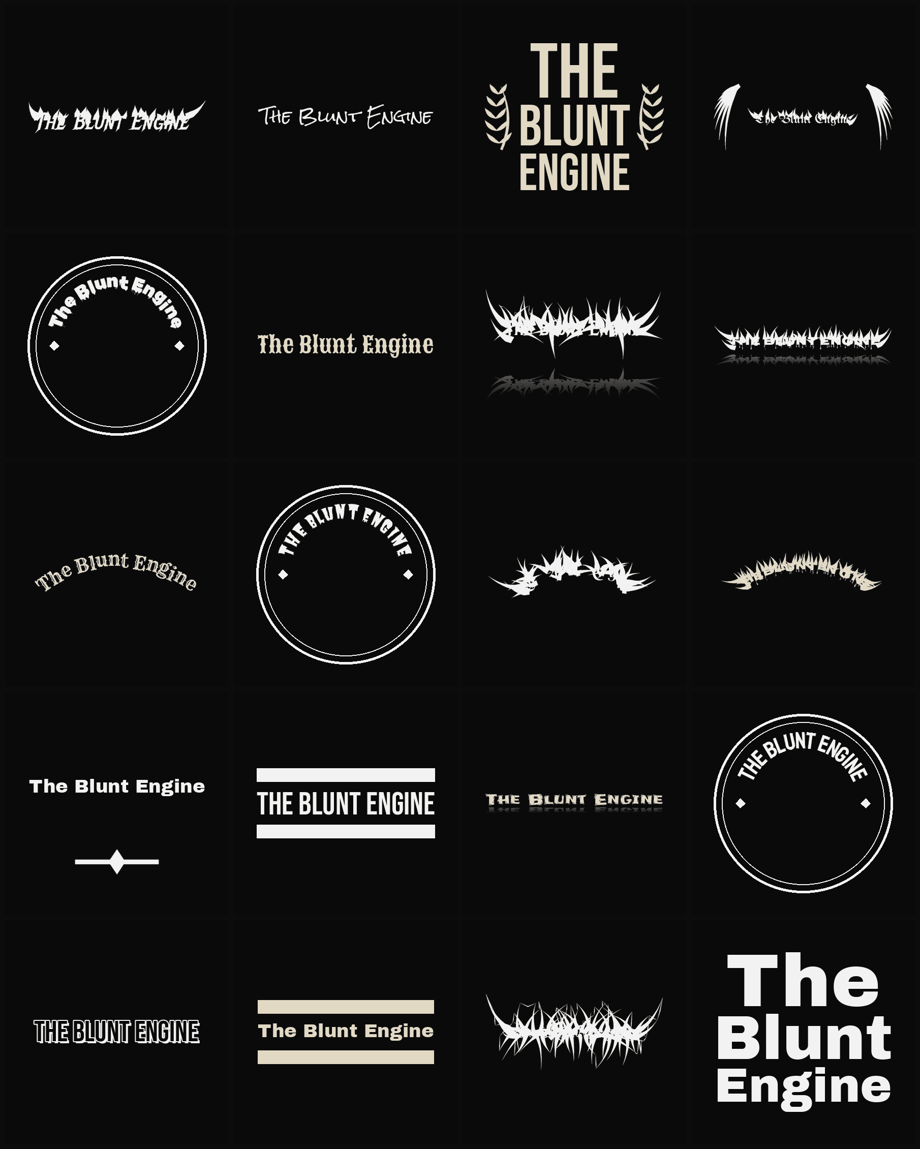 Twenty The Blunt Engine band logo ideas — different faces, treatments and spike settings