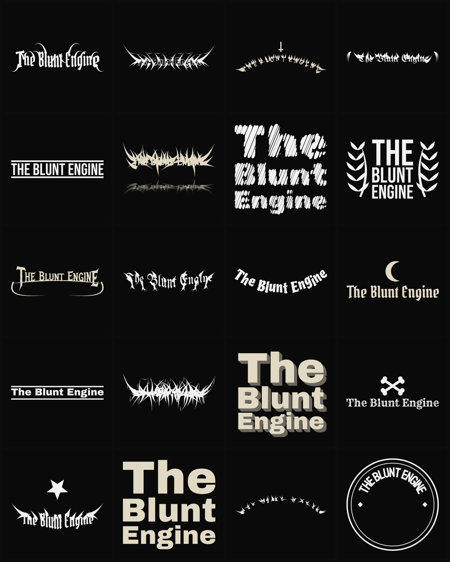 Twenty The Blunt Engine band logo ideas — different faces, treatments and spike settings