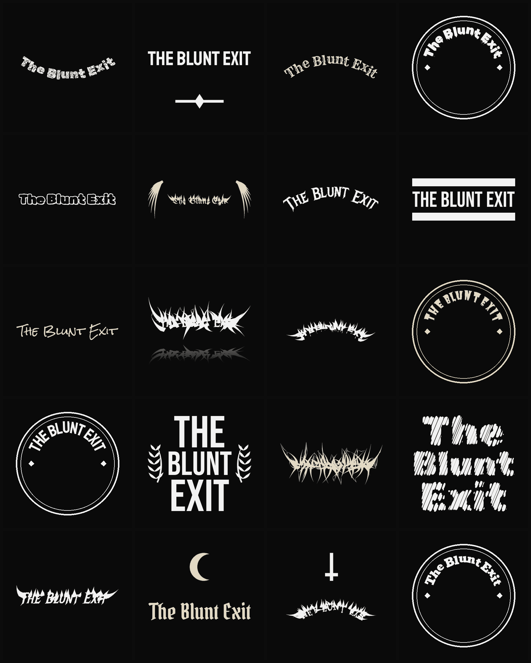 Twenty The Blunt Exit band logo ideas — different faces, treatments and spike settings