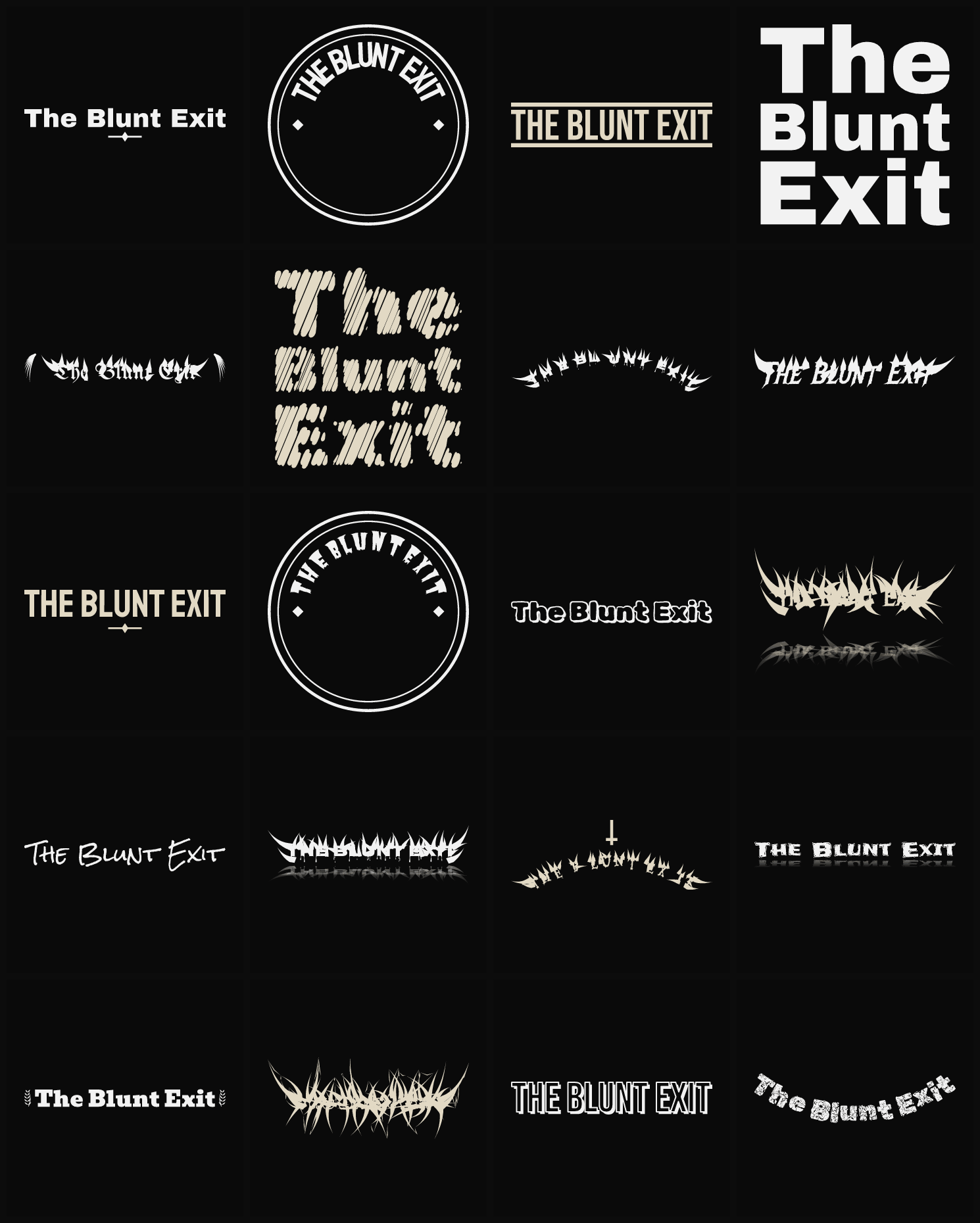 Twenty The Blunt Exit band logo ideas — different faces, treatments and spike settings