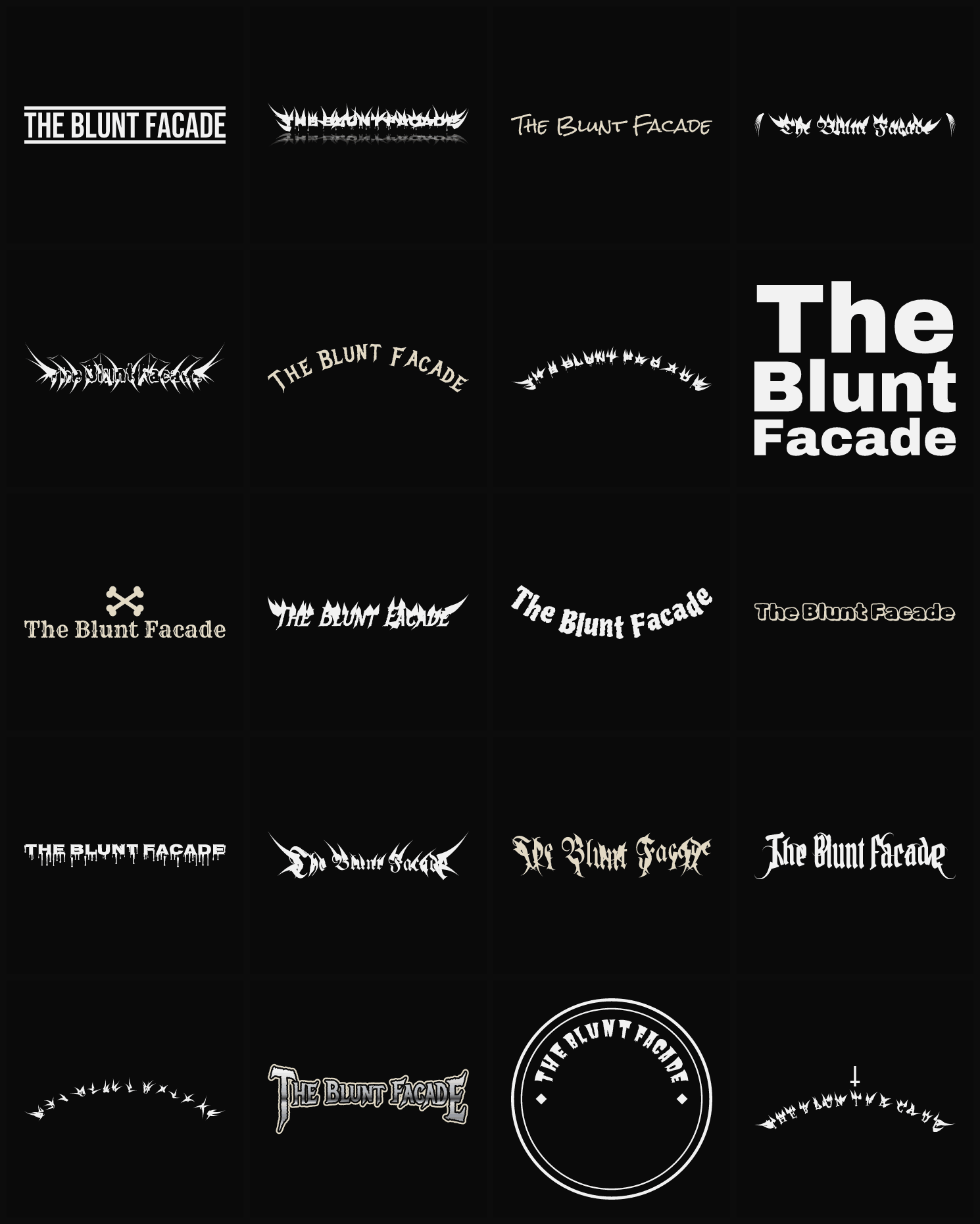 Twenty The Blunt Facade band logo ideas — different faces, treatments and spike settings