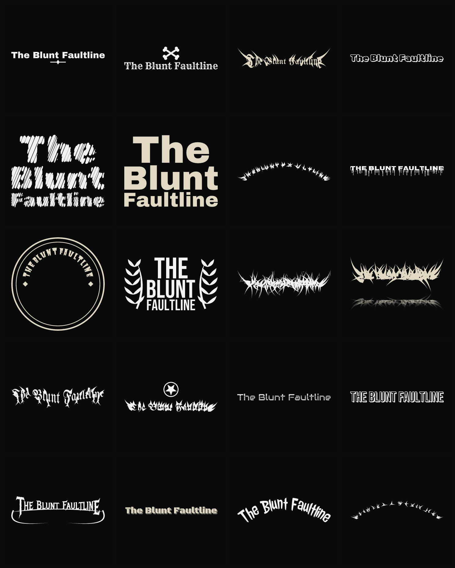 Twenty The Blunt Faultline band logo ideas — different faces, treatments and spike settings