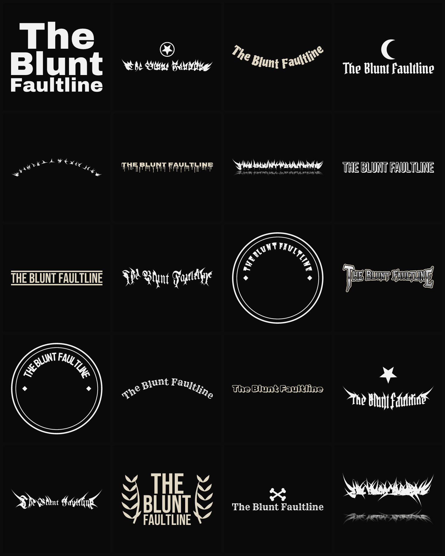 Twenty The Blunt Faultline band logo ideas — different faces, treatments and spike settings