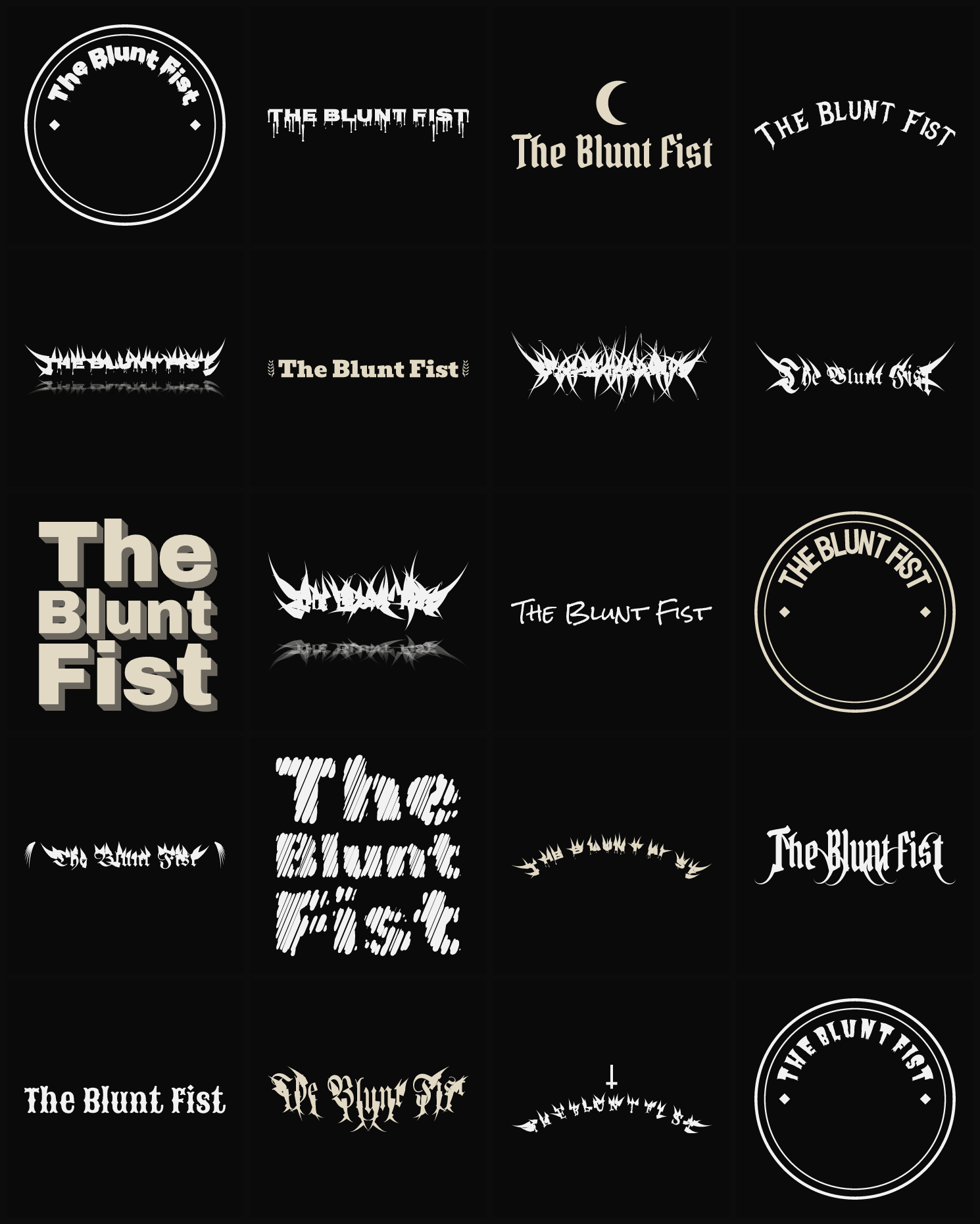 Twenty The Blunt Fist band logo ideas — different faces, treatments and spike settings