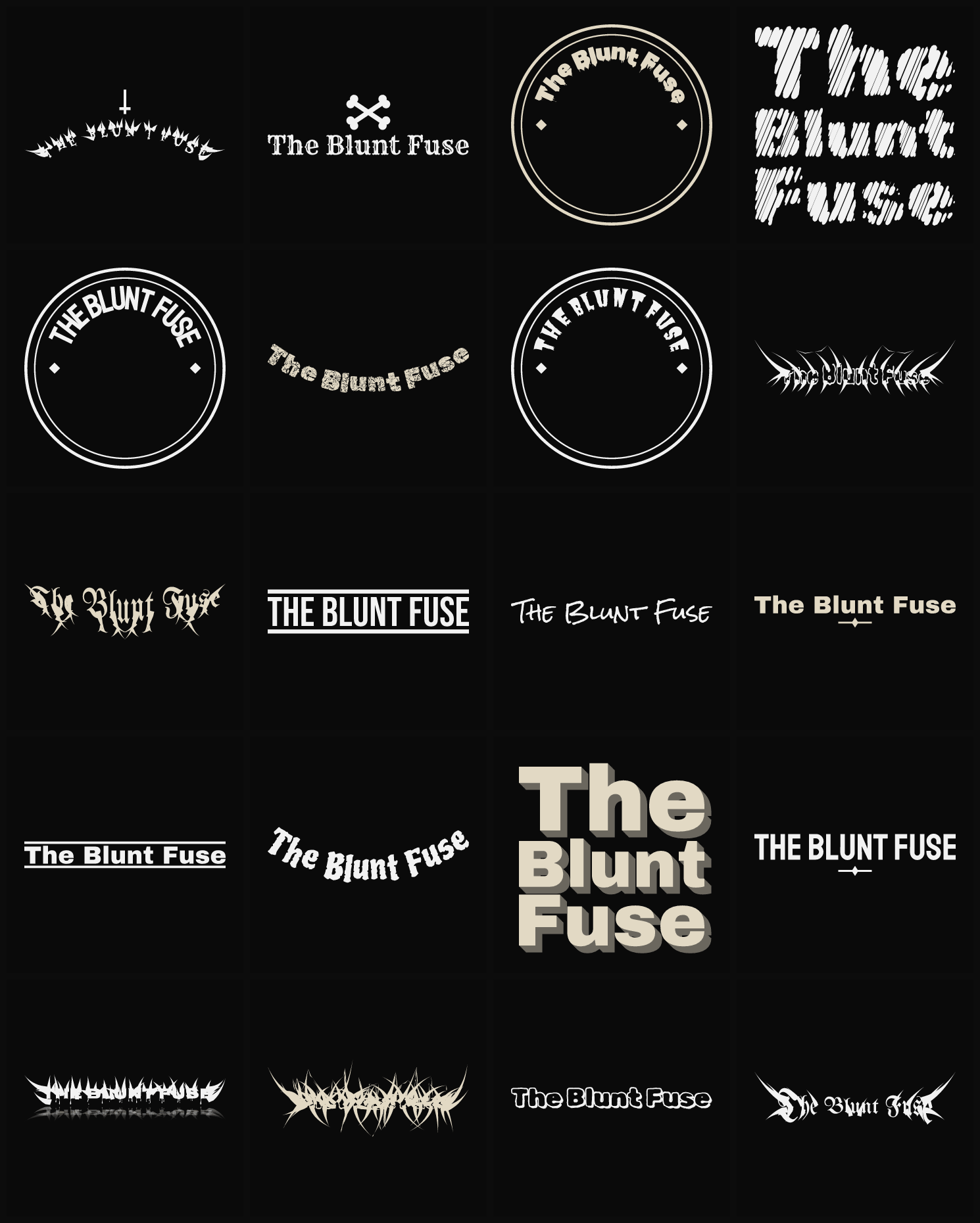 Twenty The Blunt Fuse band logo ideas — different faces, treatments and spike settings