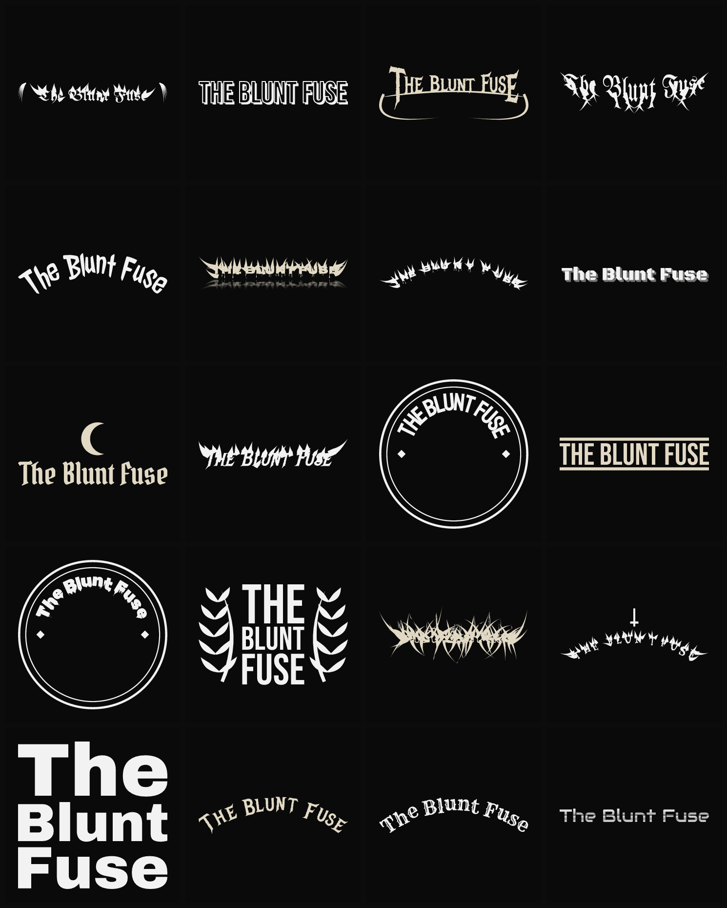 Twenty The Blunt Fuse band logo ideas — different faces, treatments and spike settings