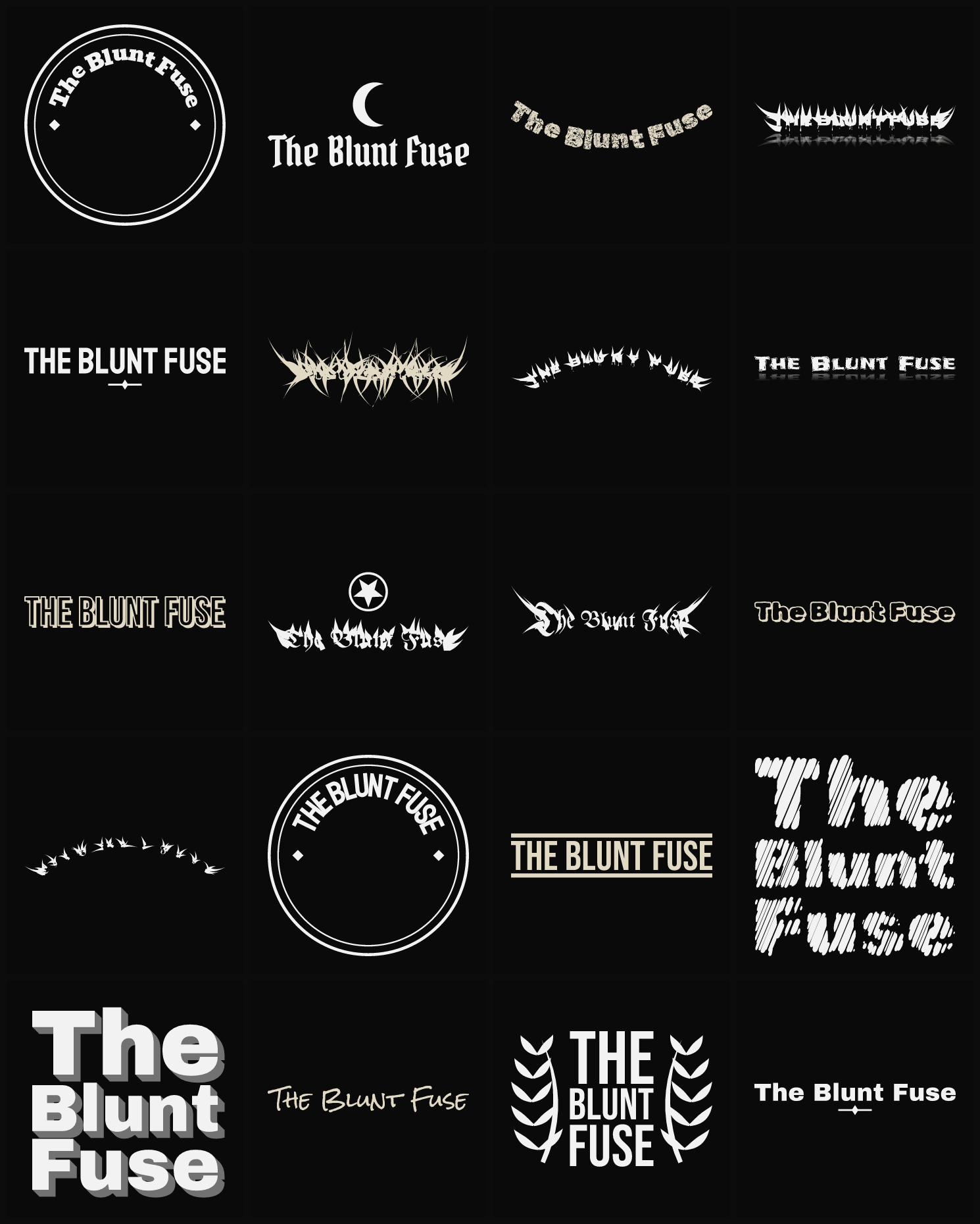 Twenty The Blunt Fuse band logo ideas — different faces, treatments and spike settings