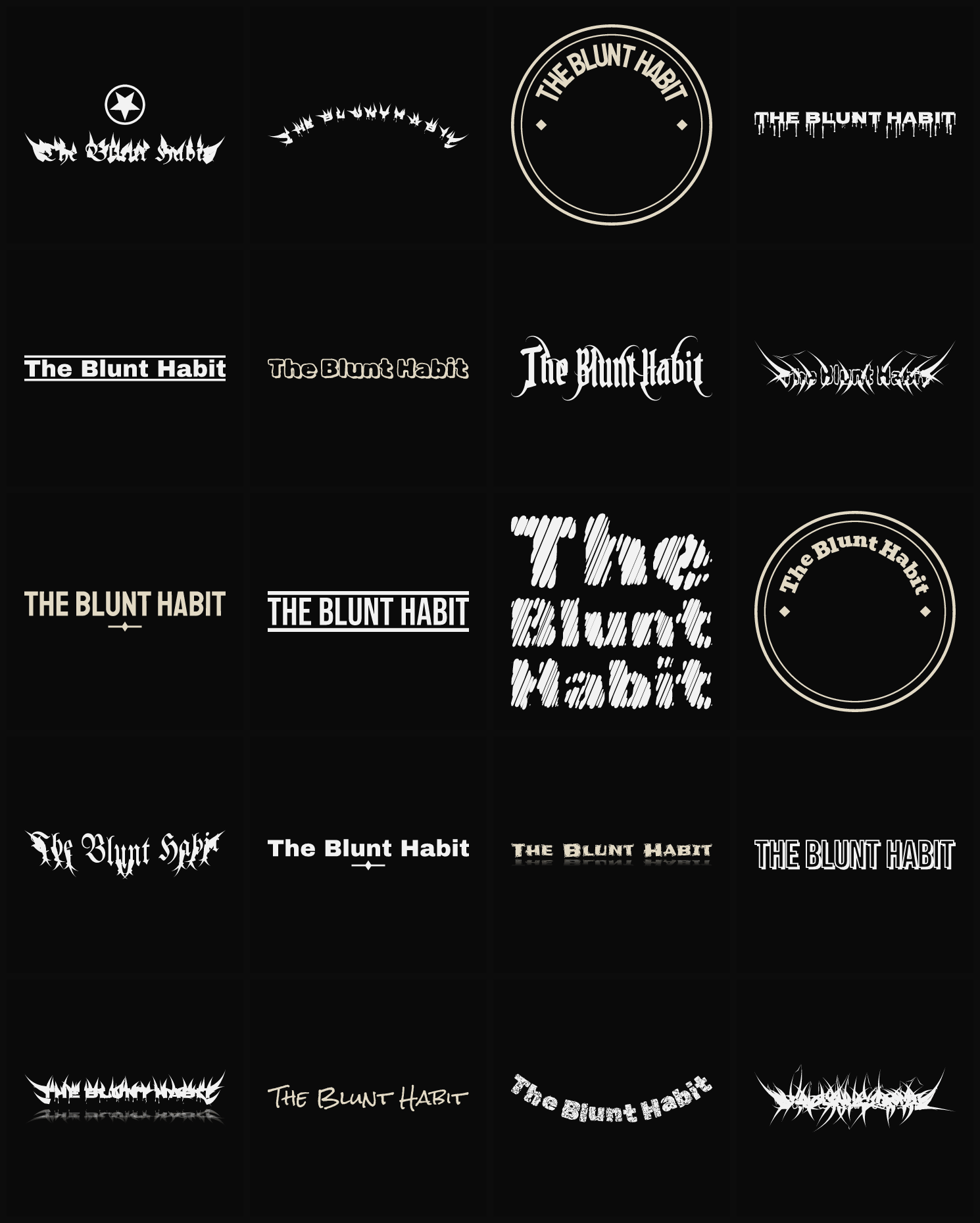 Twenty The Blunt Habit band logo ideas — different faces, treatments and spike settings