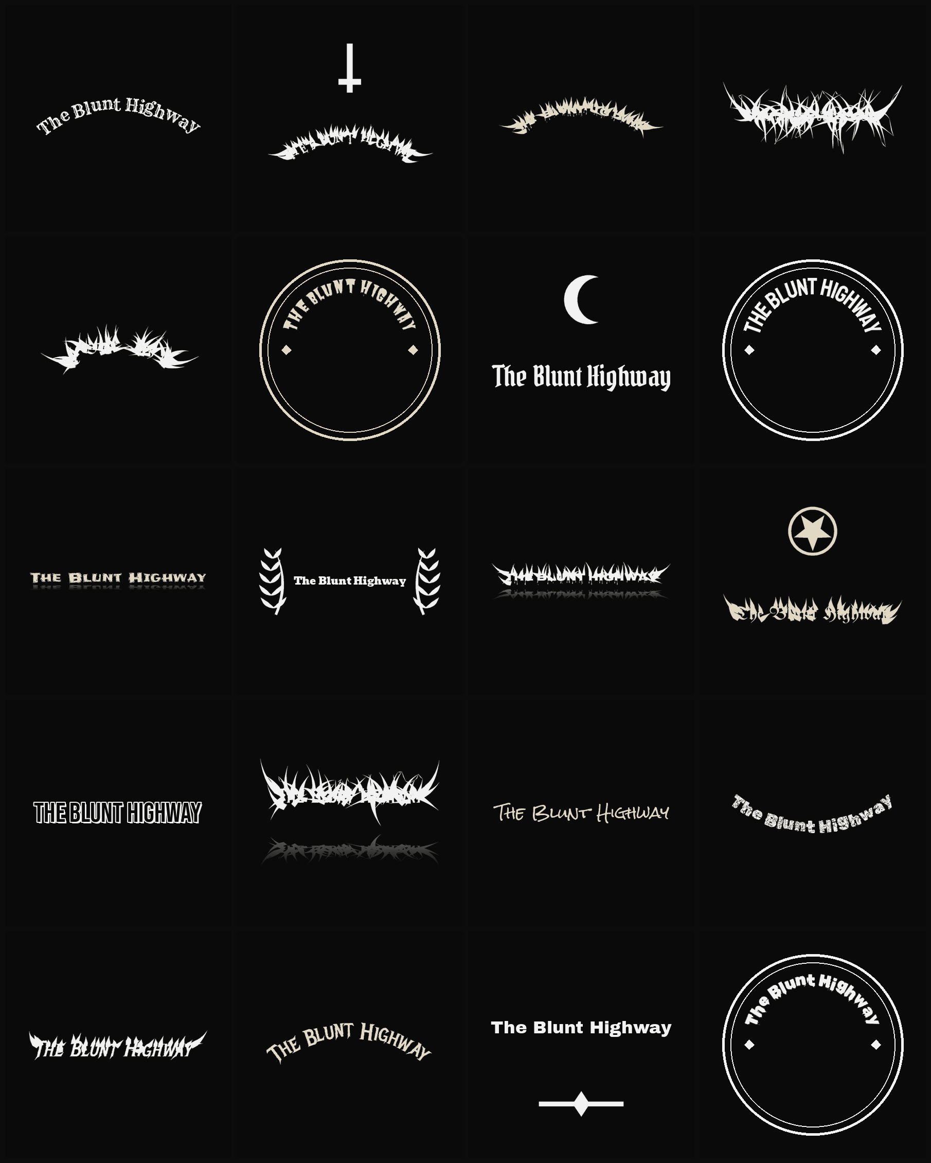 Twenty The Blunt Highway band logo ideas — different faces, treatments and spike settings