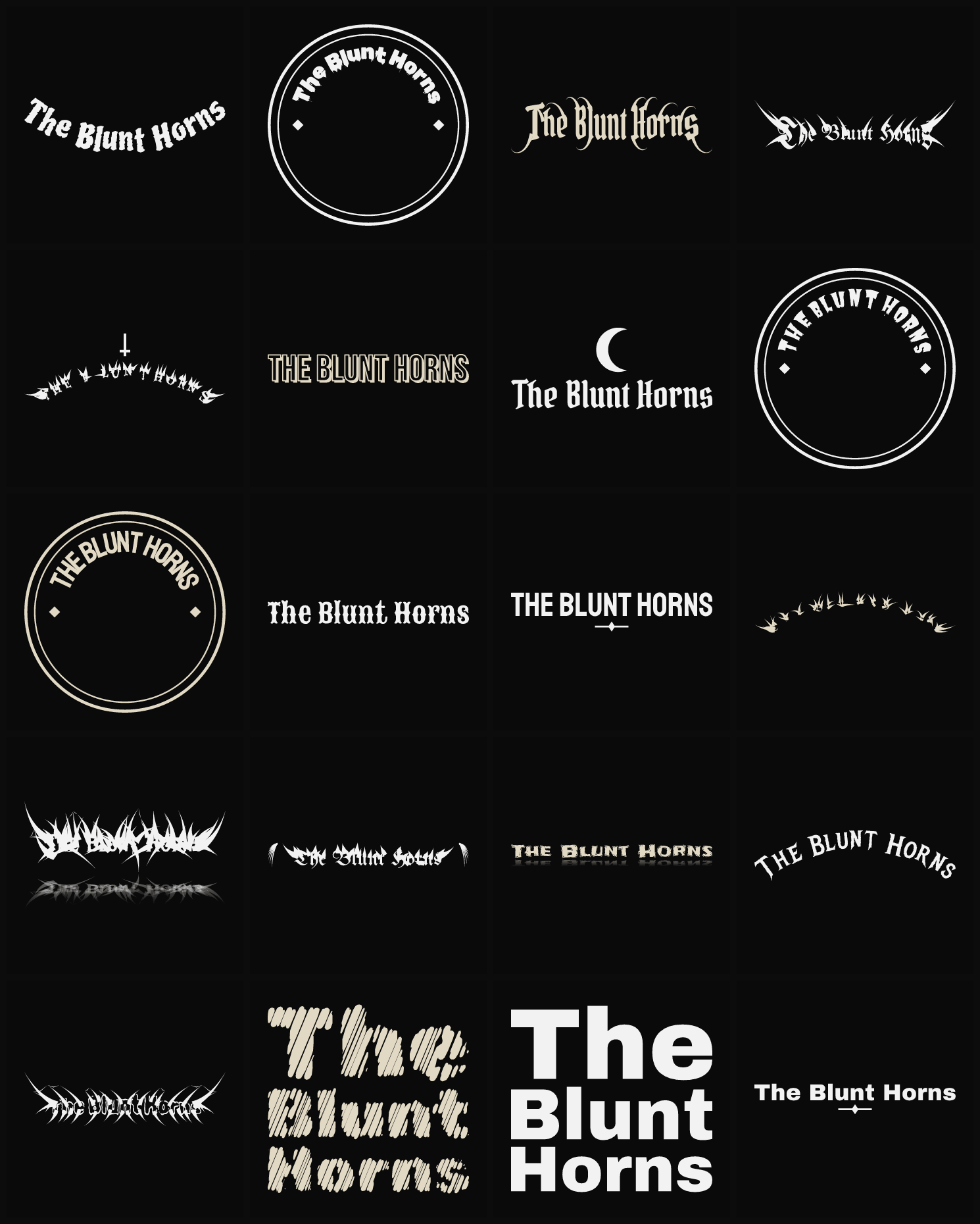 Twenty The Blunt Horns band logo ideas — different faces, treatments and spike settings