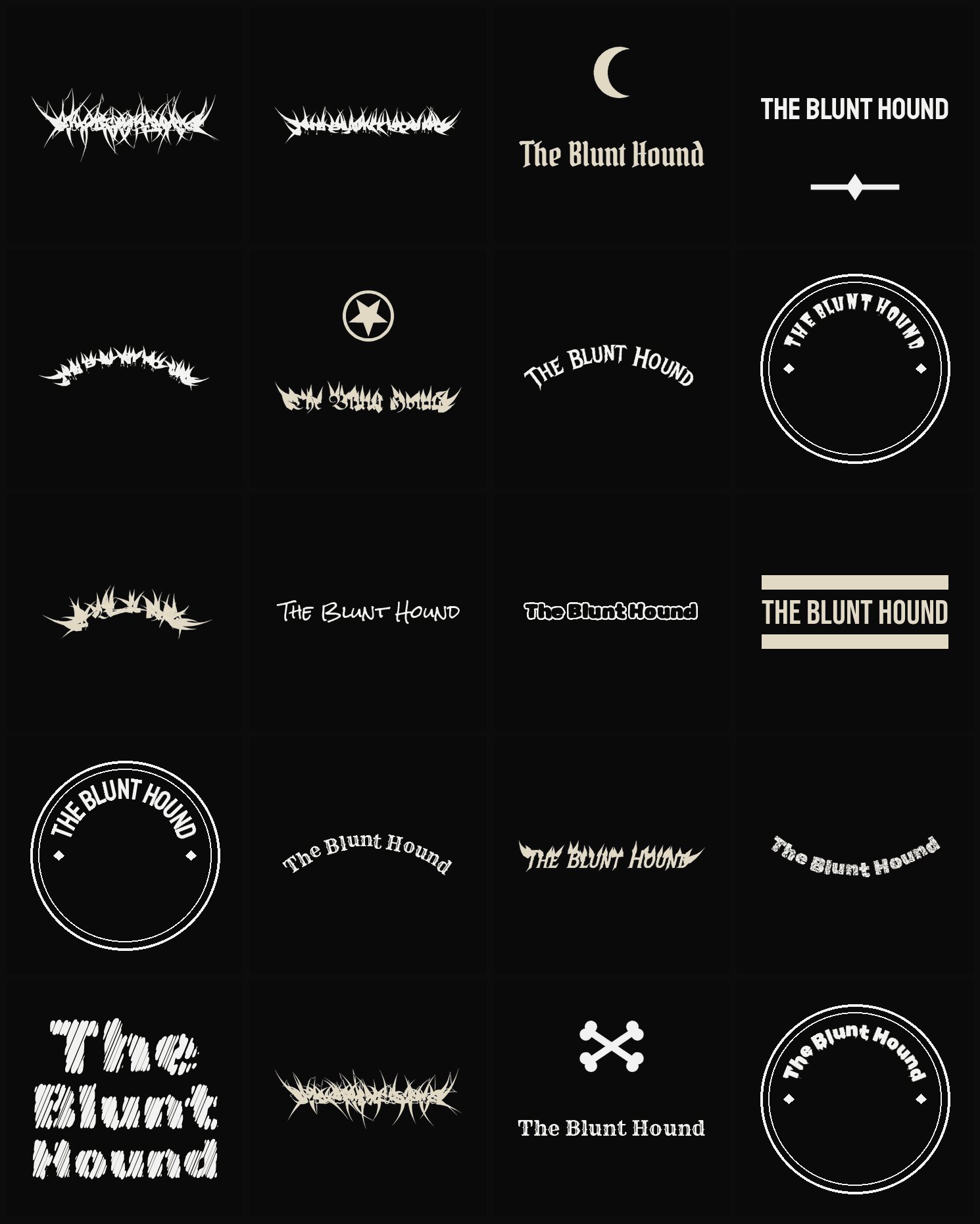 Twenty The Blunt Hound band logo ideas — different faces, treatments and spike settings