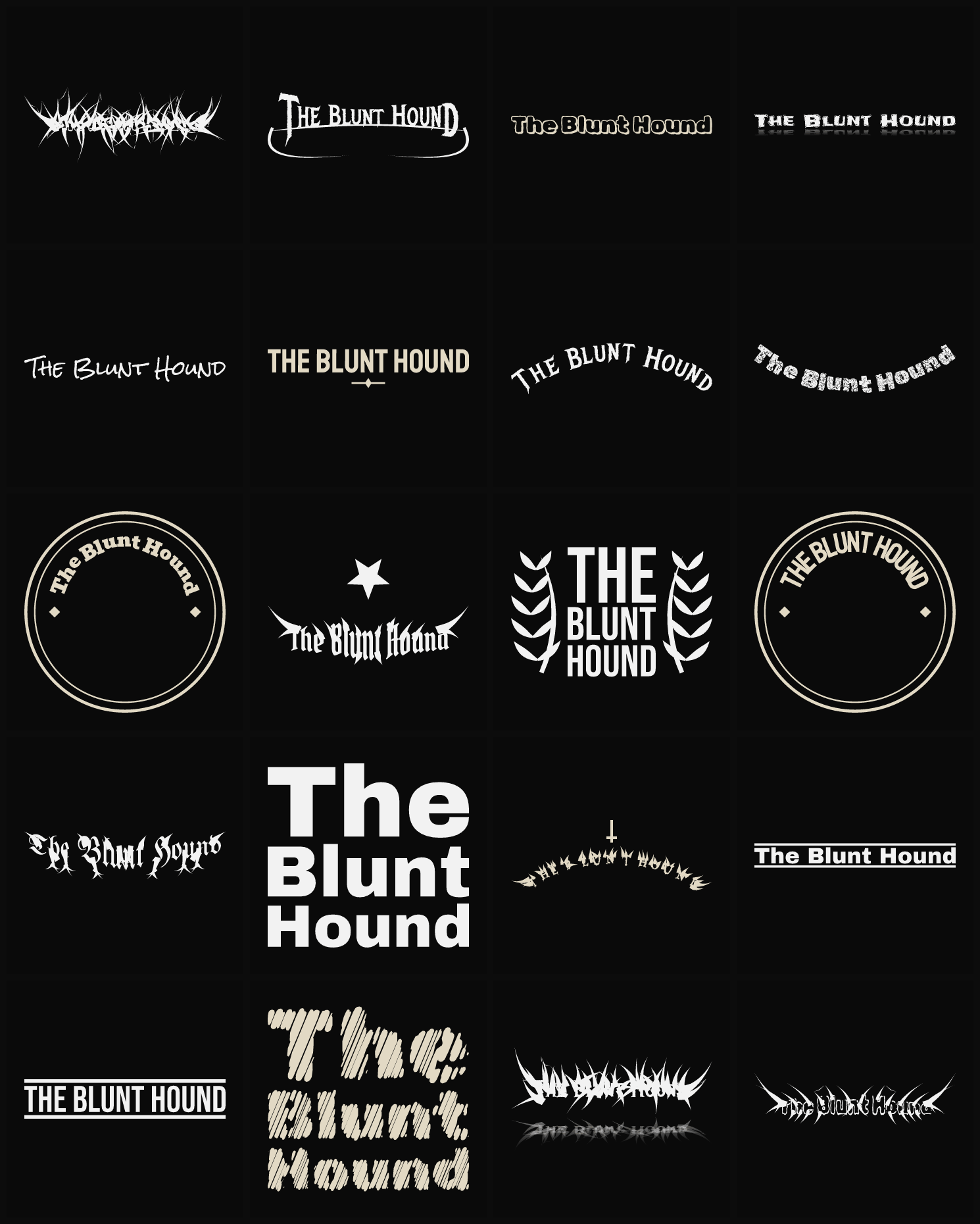 Twenty The Blunt Hound band logo ideas — different faces, treatments and spike settings