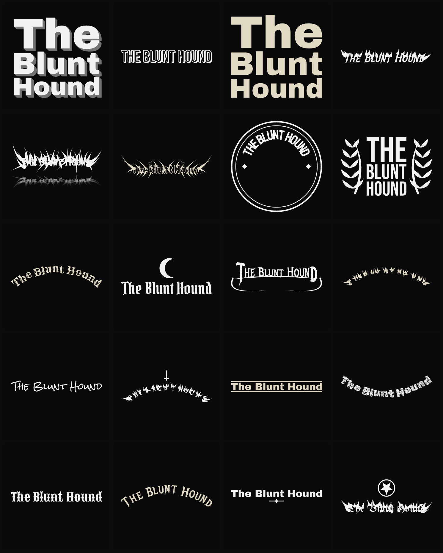 Twenty The Blunt Hound band logo ideas — different faces, treatments and spike settings