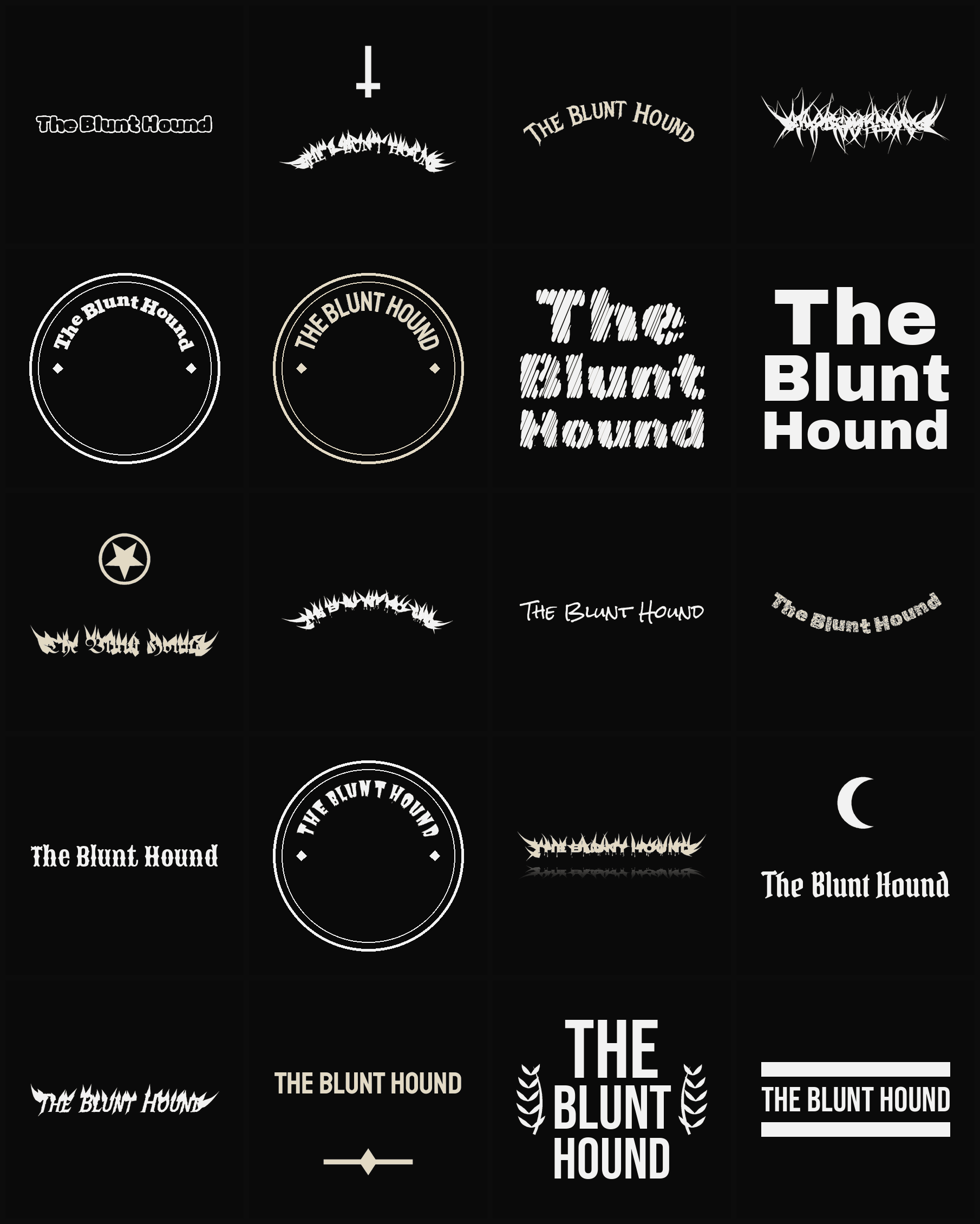 Twenty The Blunt Hound band logo ideas — different faces, treatments and spike settings