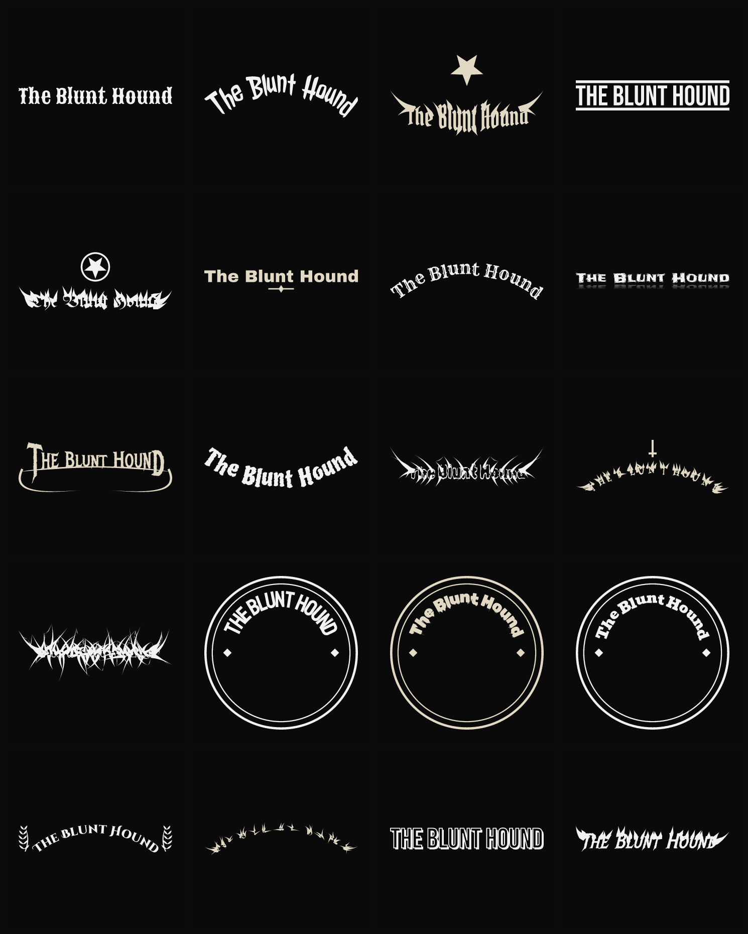 Twenty The Blunt Hound band logo ideas — different faces, treatments and spike settings