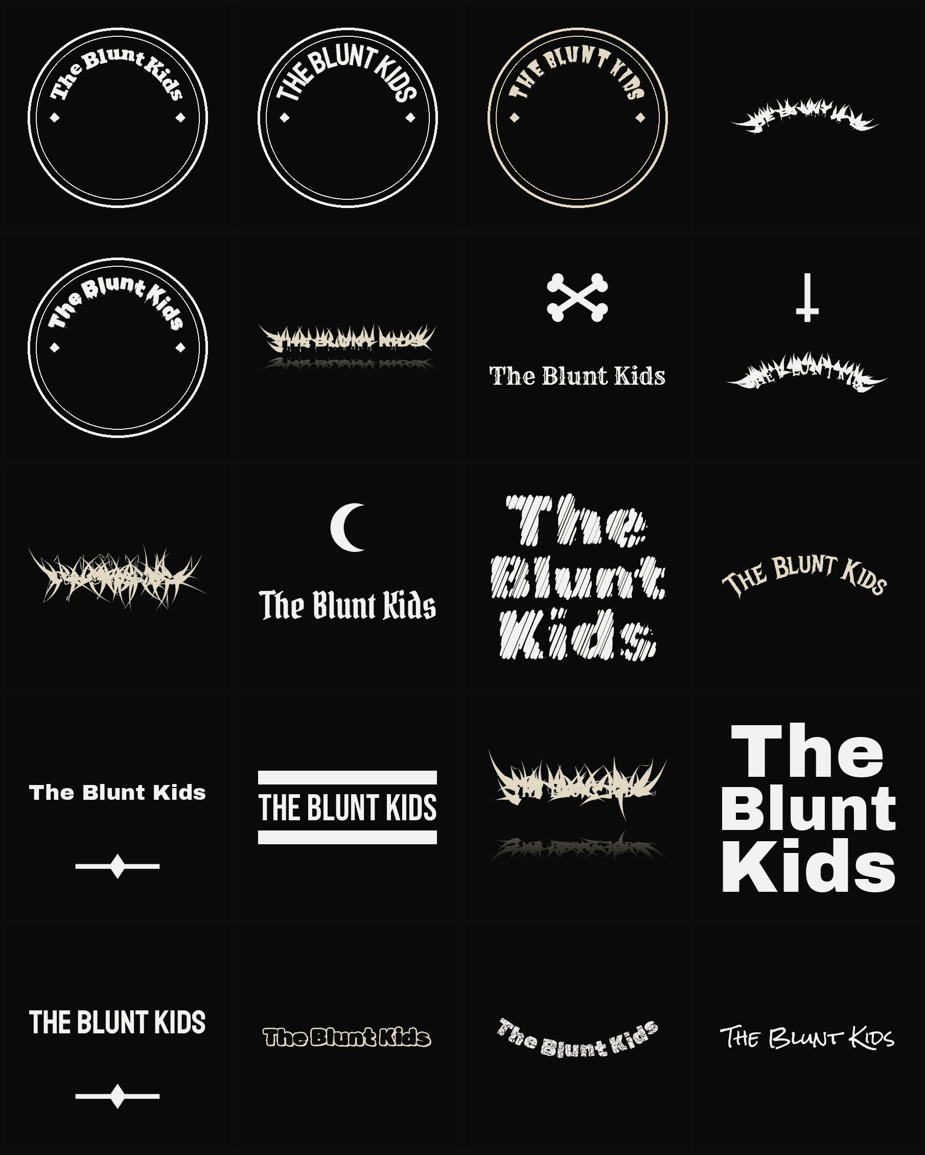 Twenty The Blunt Kids band logo ideas — different faces, treatments and spike settings