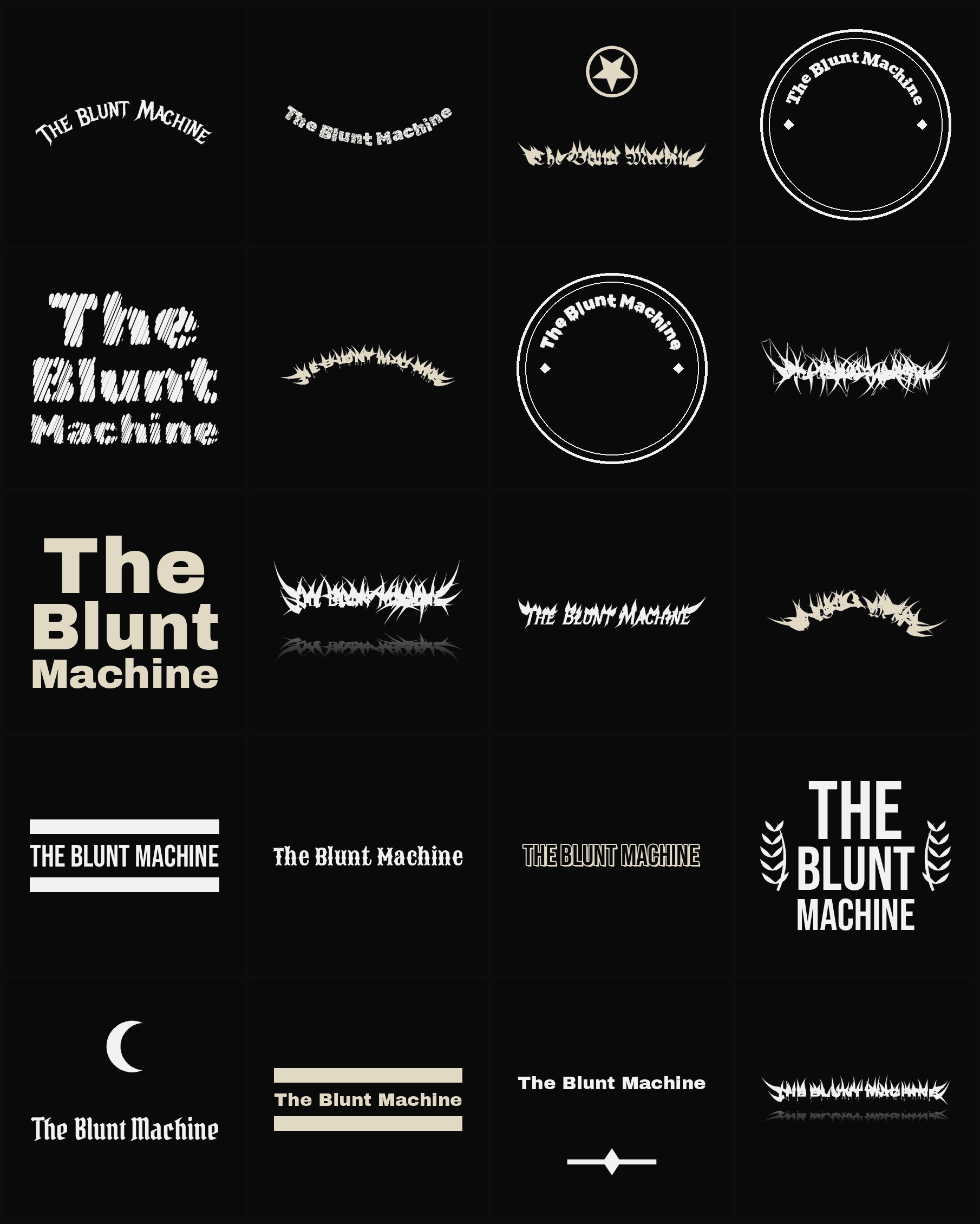 Twenty The Blunt Machine band logo ideas — different faces, treatments and spike settings