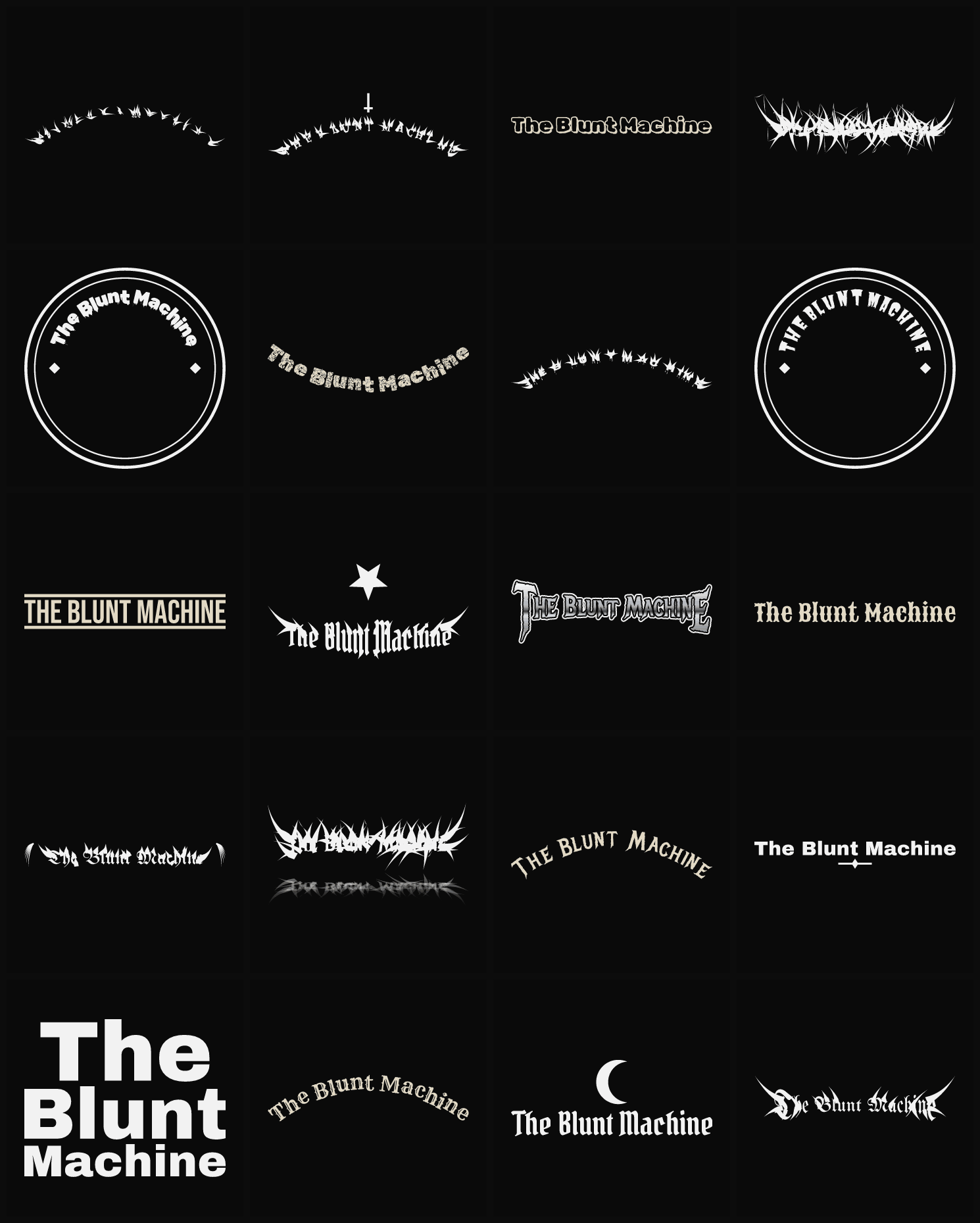 Twenty The Blunt Machine band logo ideas — different faces, treatments and spike settings