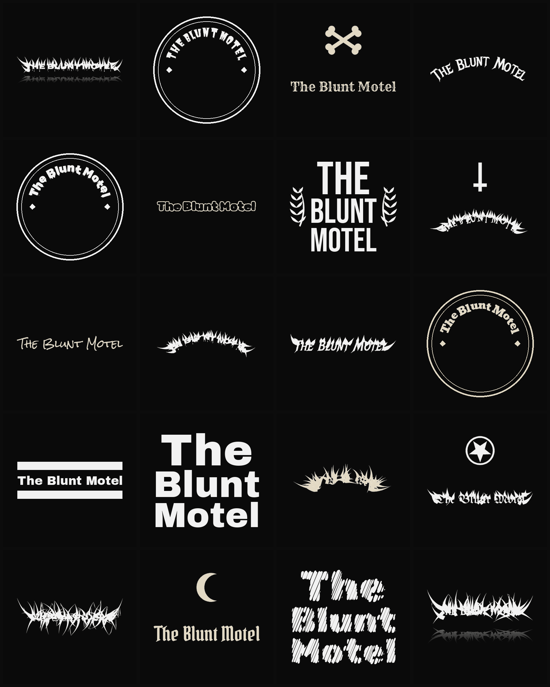 Twenty The Blunt Motel band logo ideas — different faces, treatments and spike settings