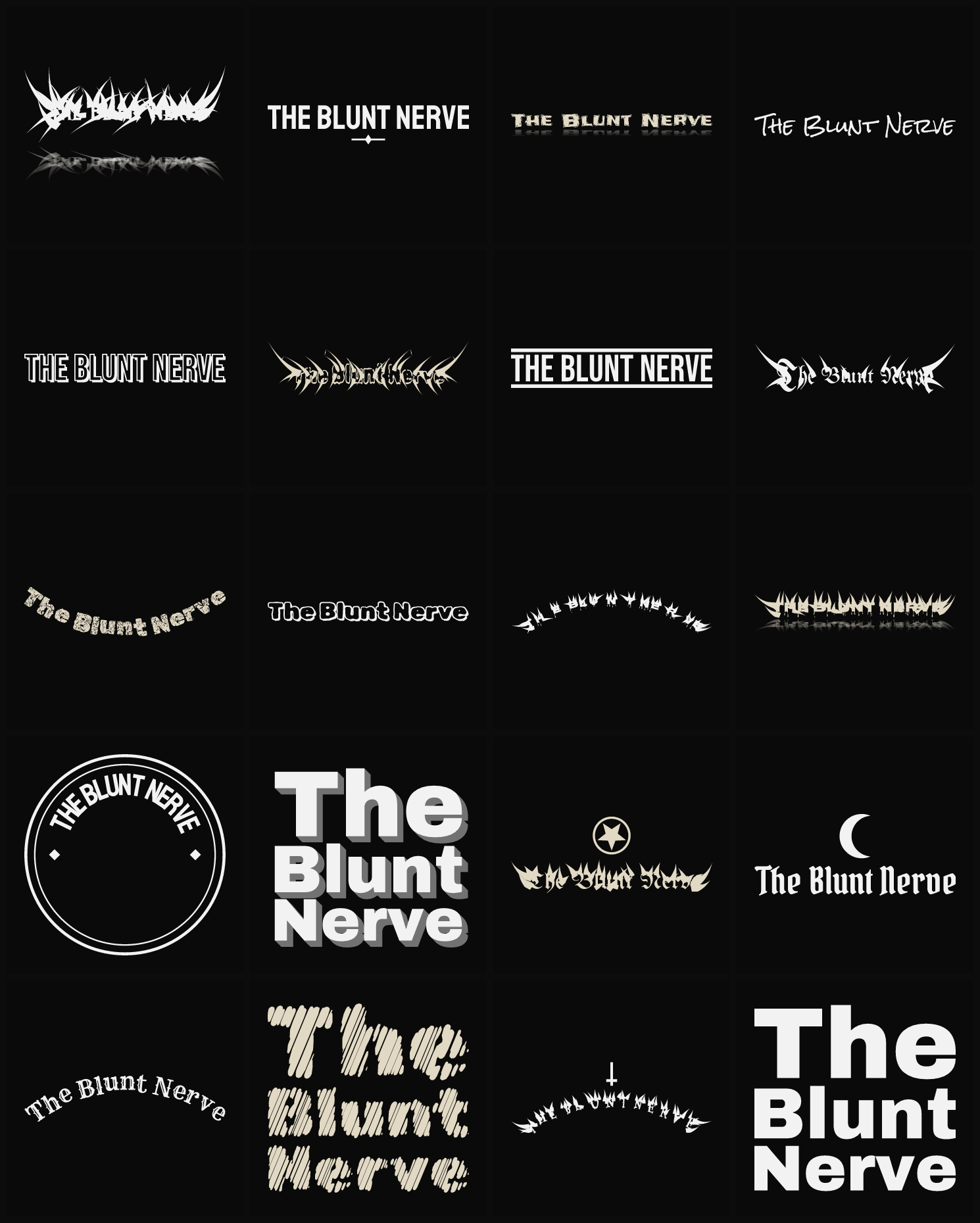 Twenty The Blunt Nerve band logo ideas — different faces, treatments and spike settings