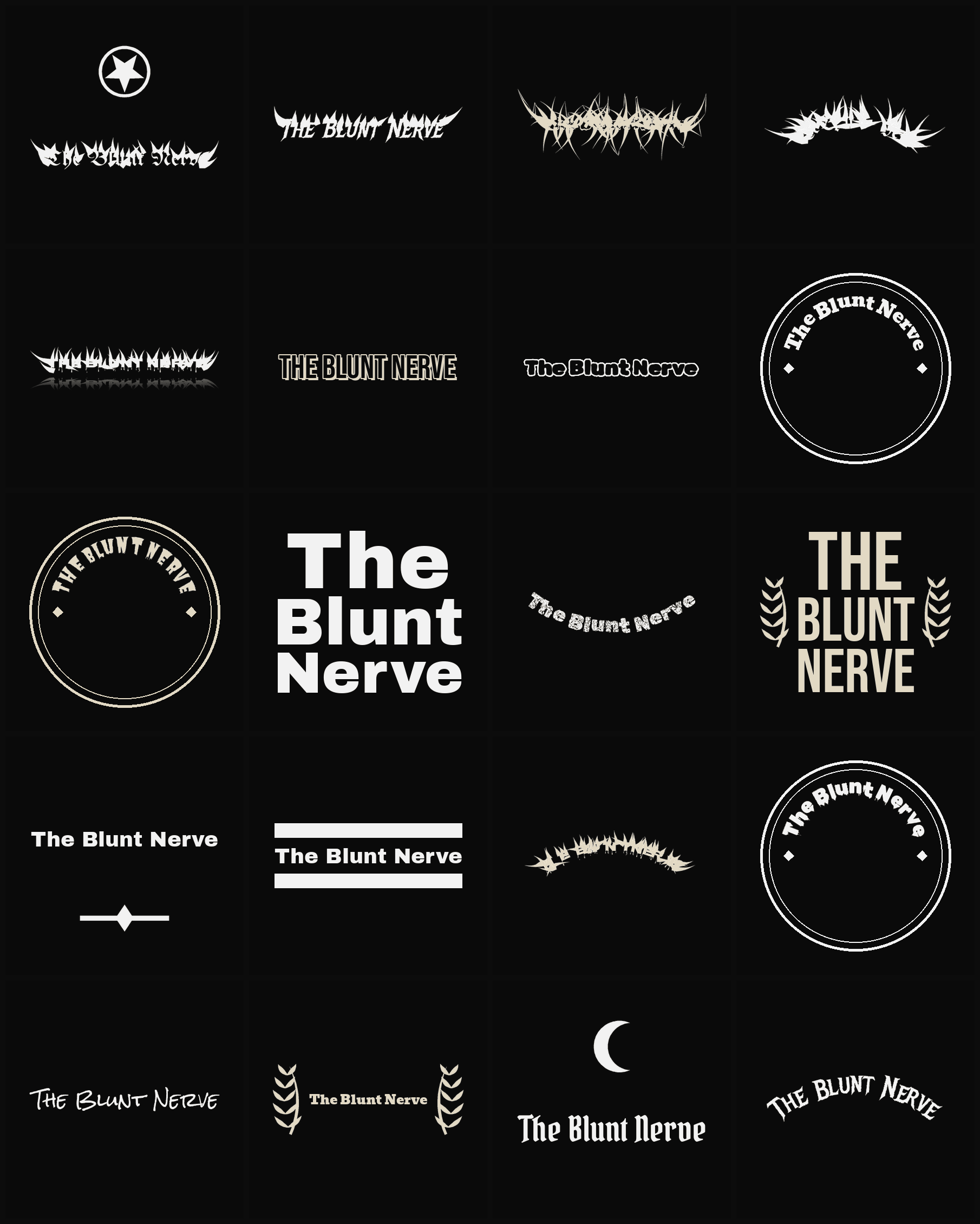 Twenty The Blunt Nerve band logo ideas — different faces, treatments and spike settings