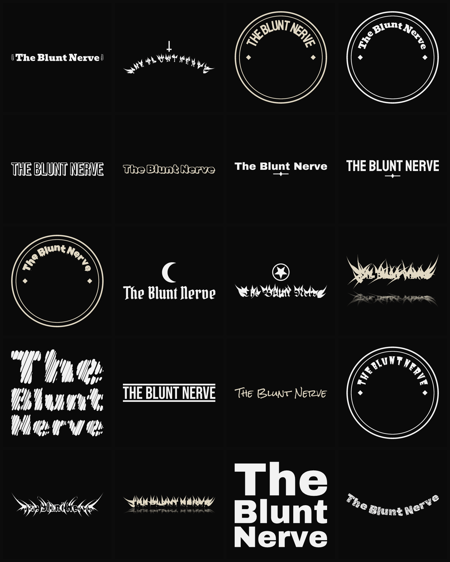 Twenty The Blunt Nerve band logo ideas — different faces, treatments and spike settings