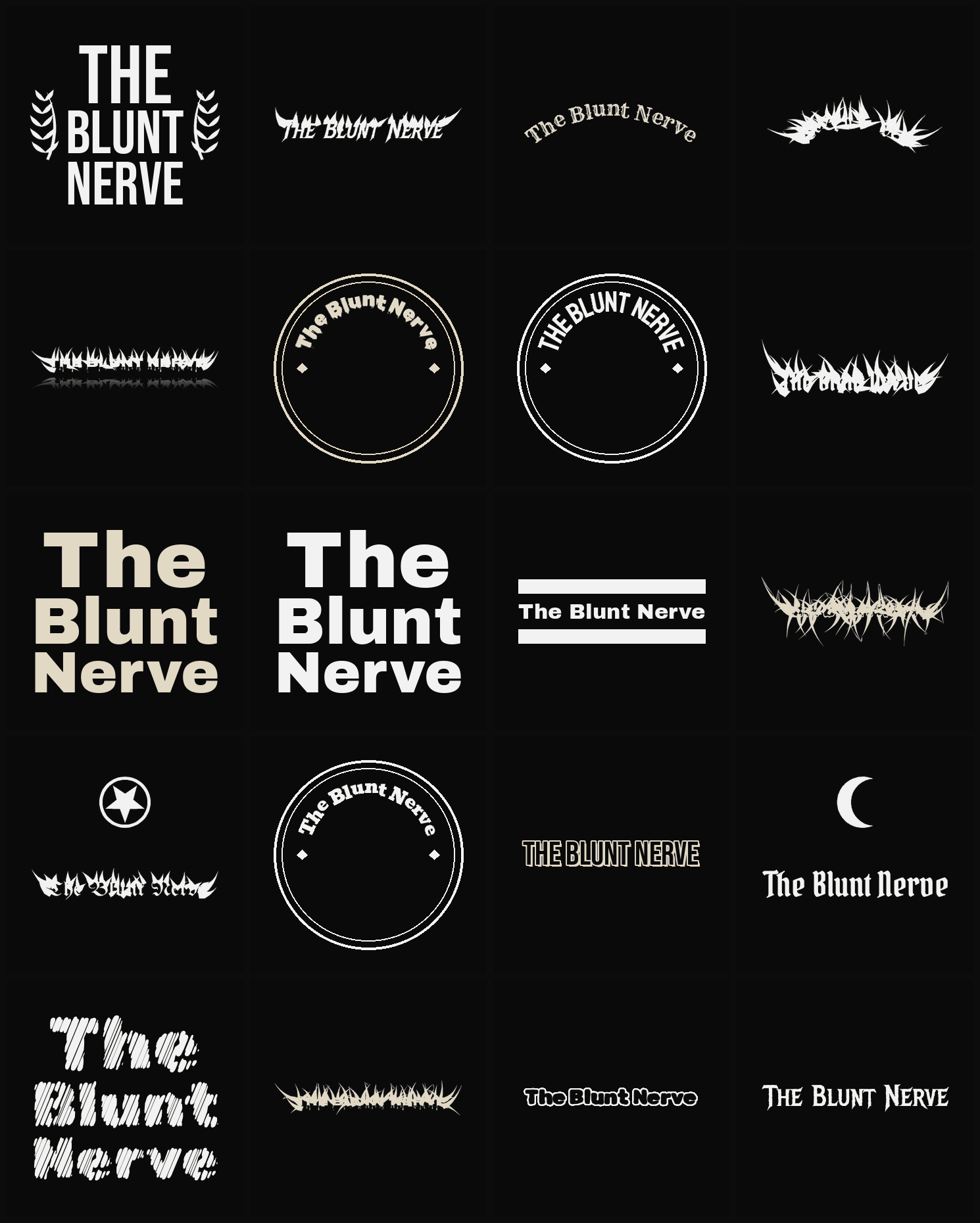 Twenty The Blunt Nerve band logo ideas — different faces, treatments and spike settings