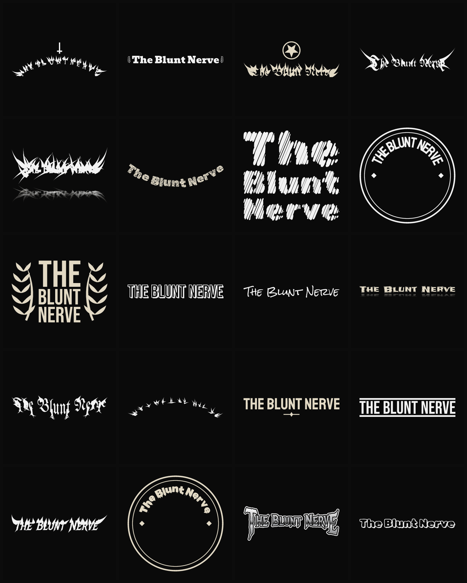 Twenty The Blunt Nerve band logo ideas — different faces, treatments and spike settings