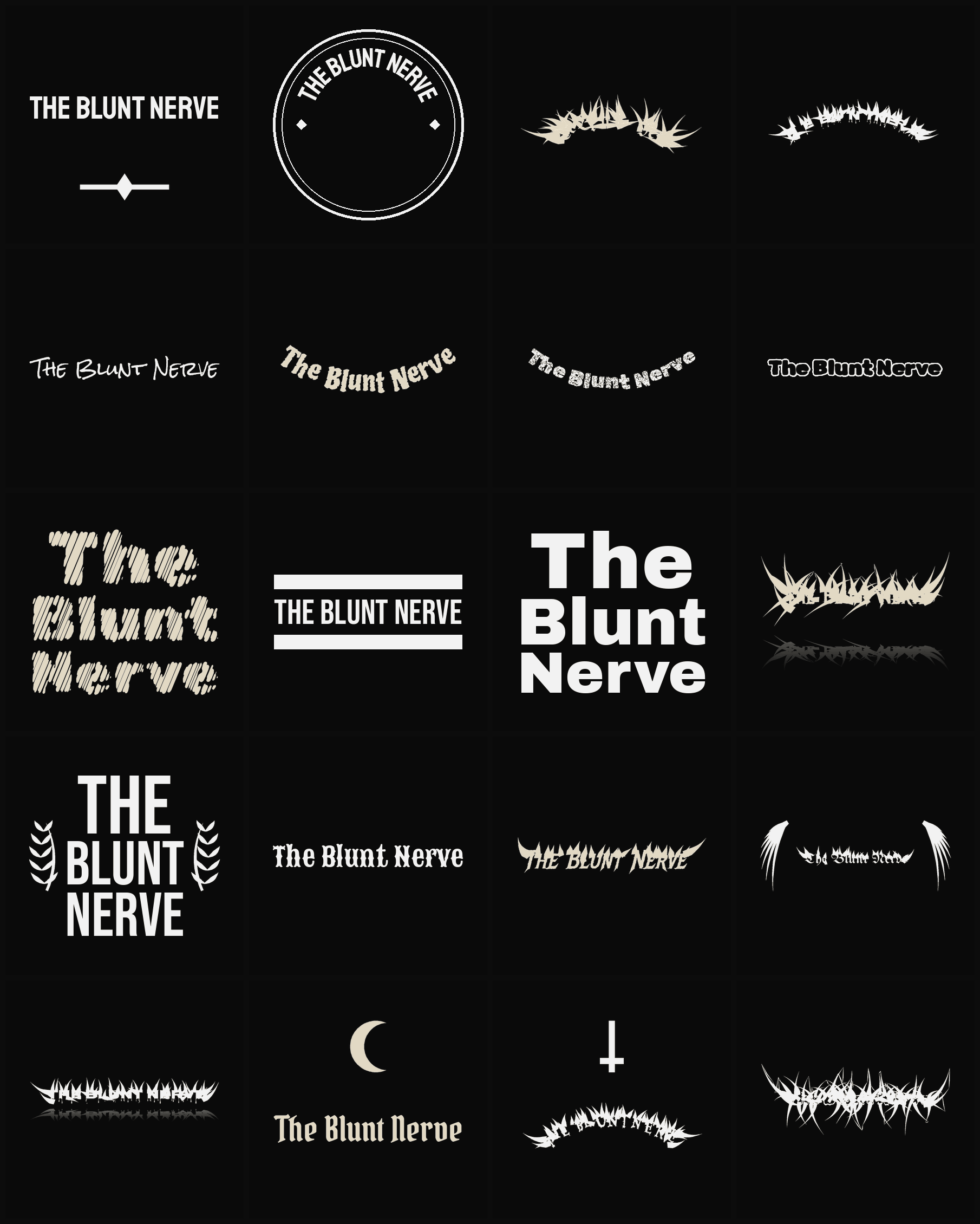 Twenty The Blunt Nerve band logo ideas — different faces, treatments and spike settings