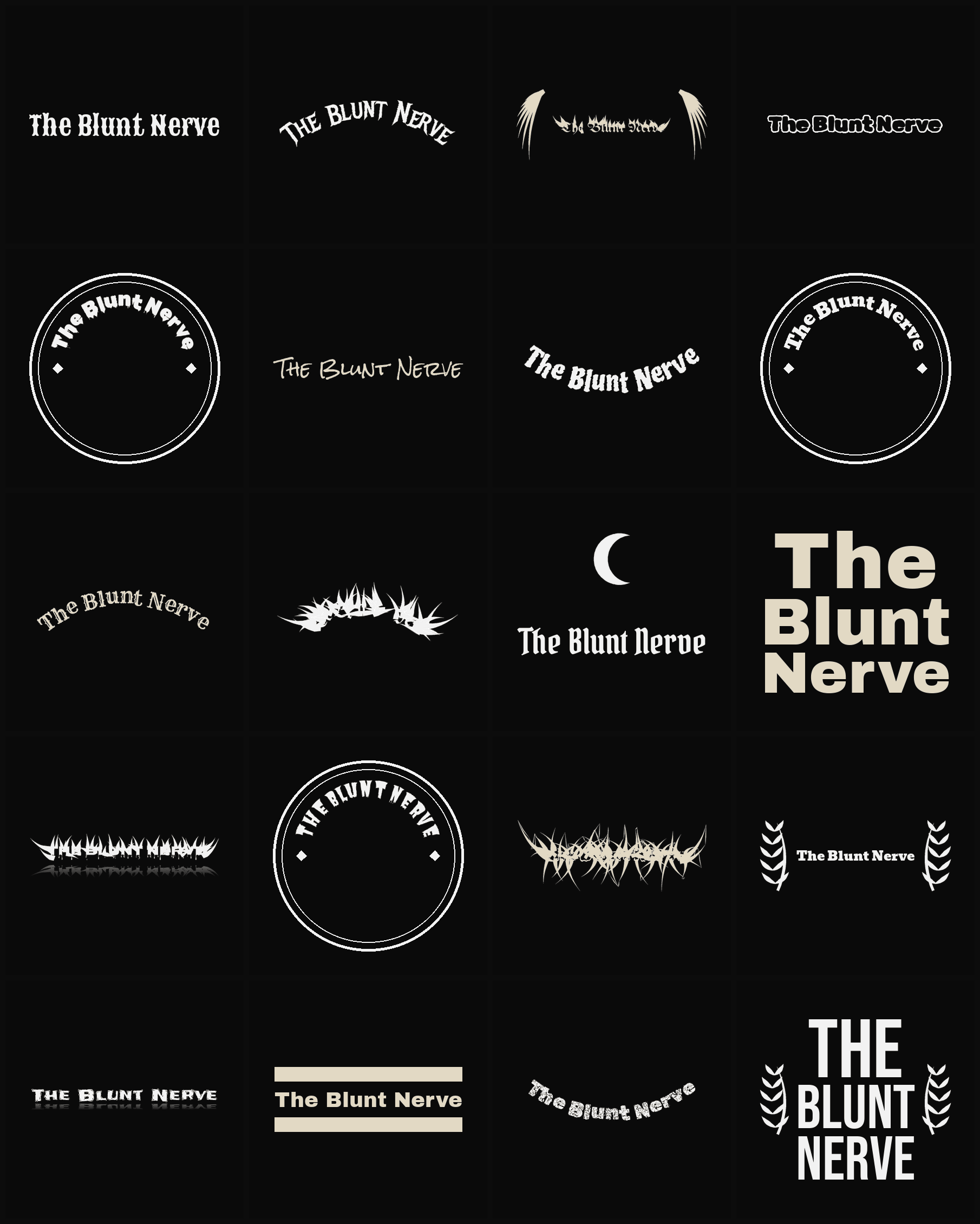 Twenty The Blunt Nerve band logo ideas — different faces, treatments and spike settings