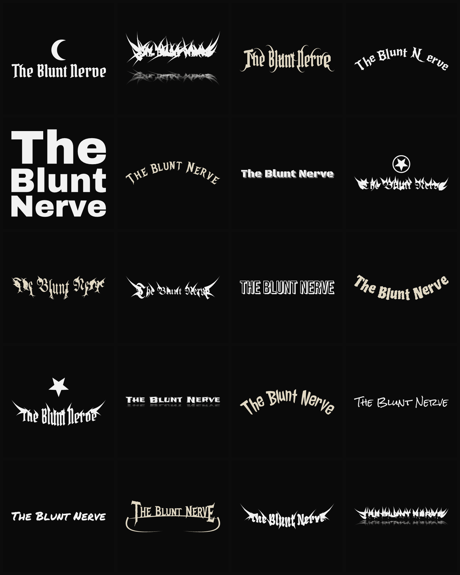 Twenty The Blunt Nerve band logo ideas — different faces, treatments and spike settings