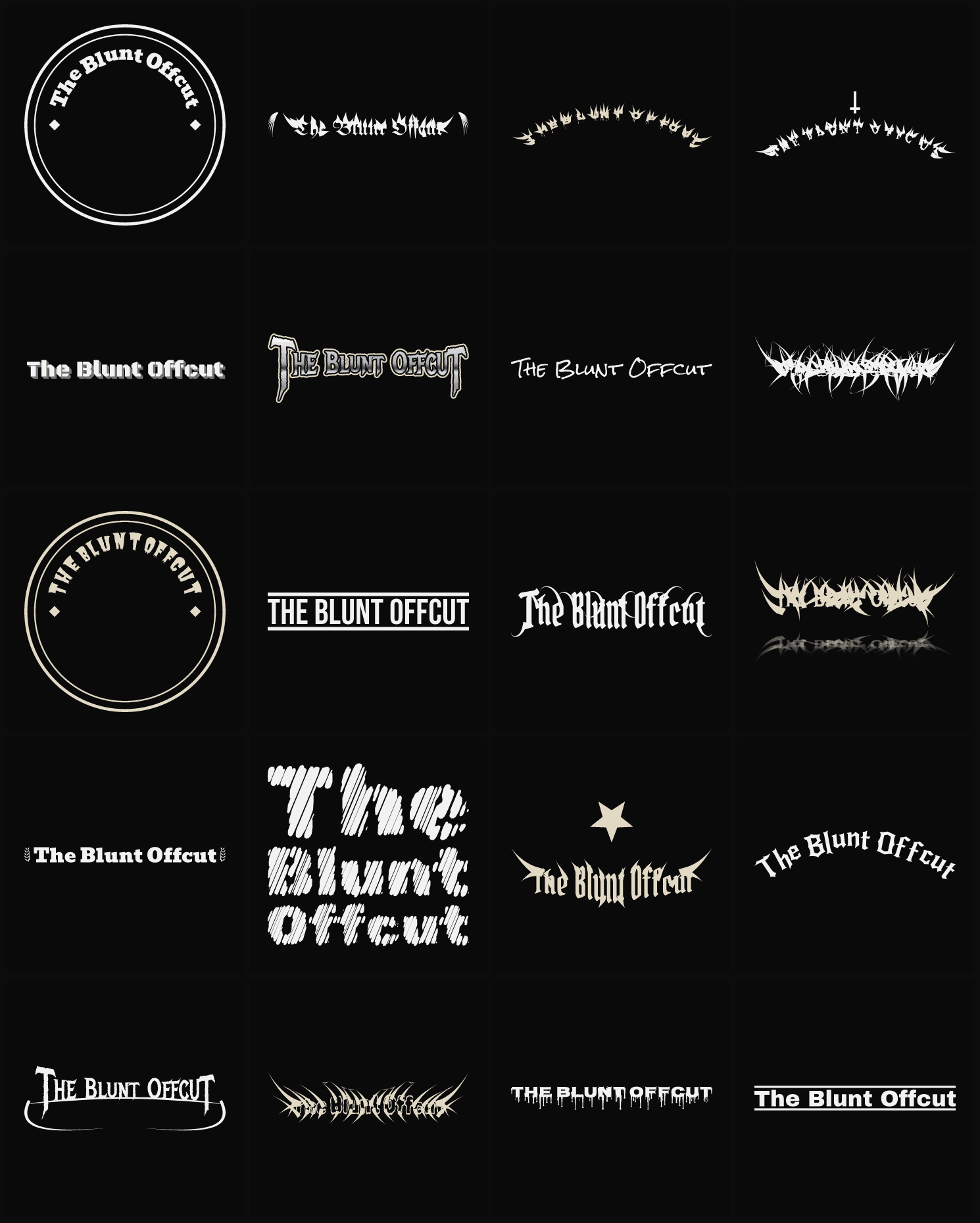 Twenty The Blunt Offcut band logo ideas — different faces, treatments and spike settings