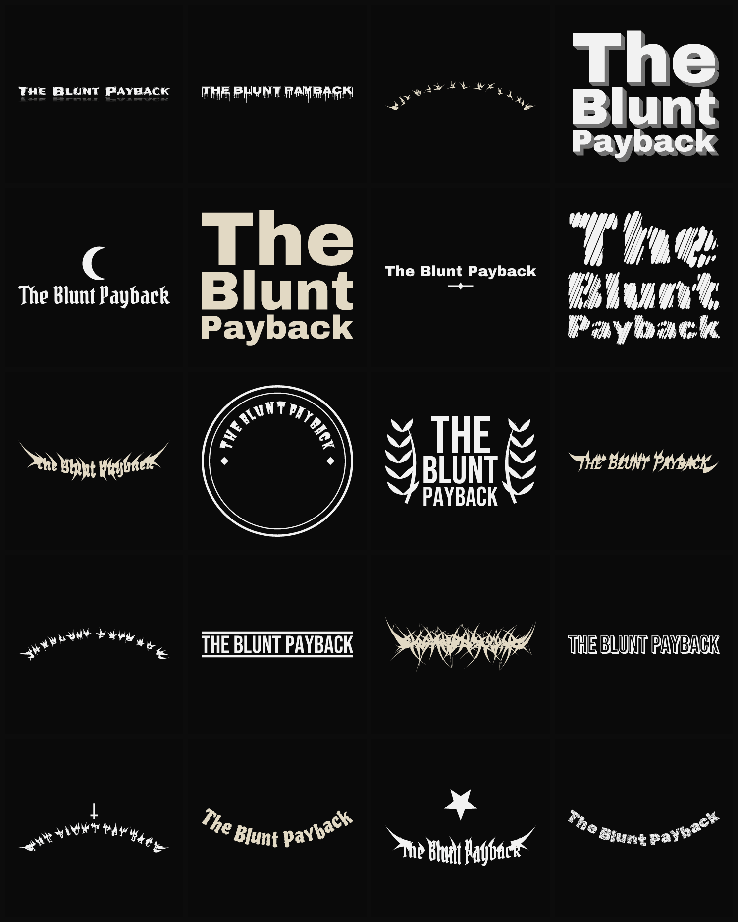 Twenty The Blunt Payback band logo ideas — different faces, treatments and spike settings