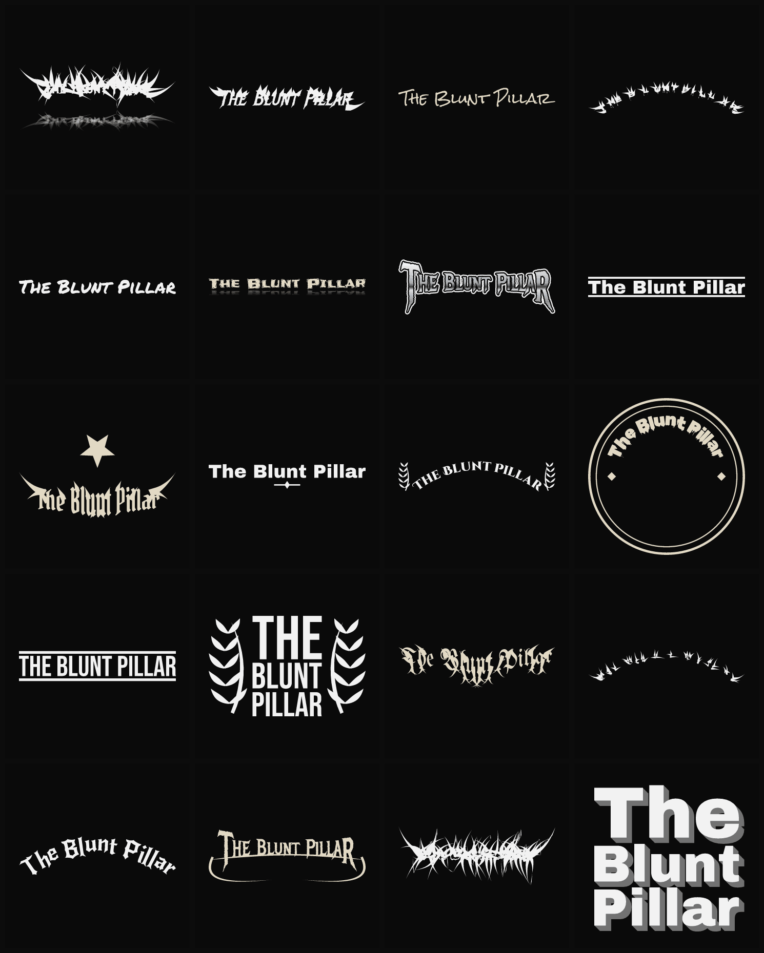 Twenty The Blunt Pillar band logo ideas — different faces, treatments and spike settings
