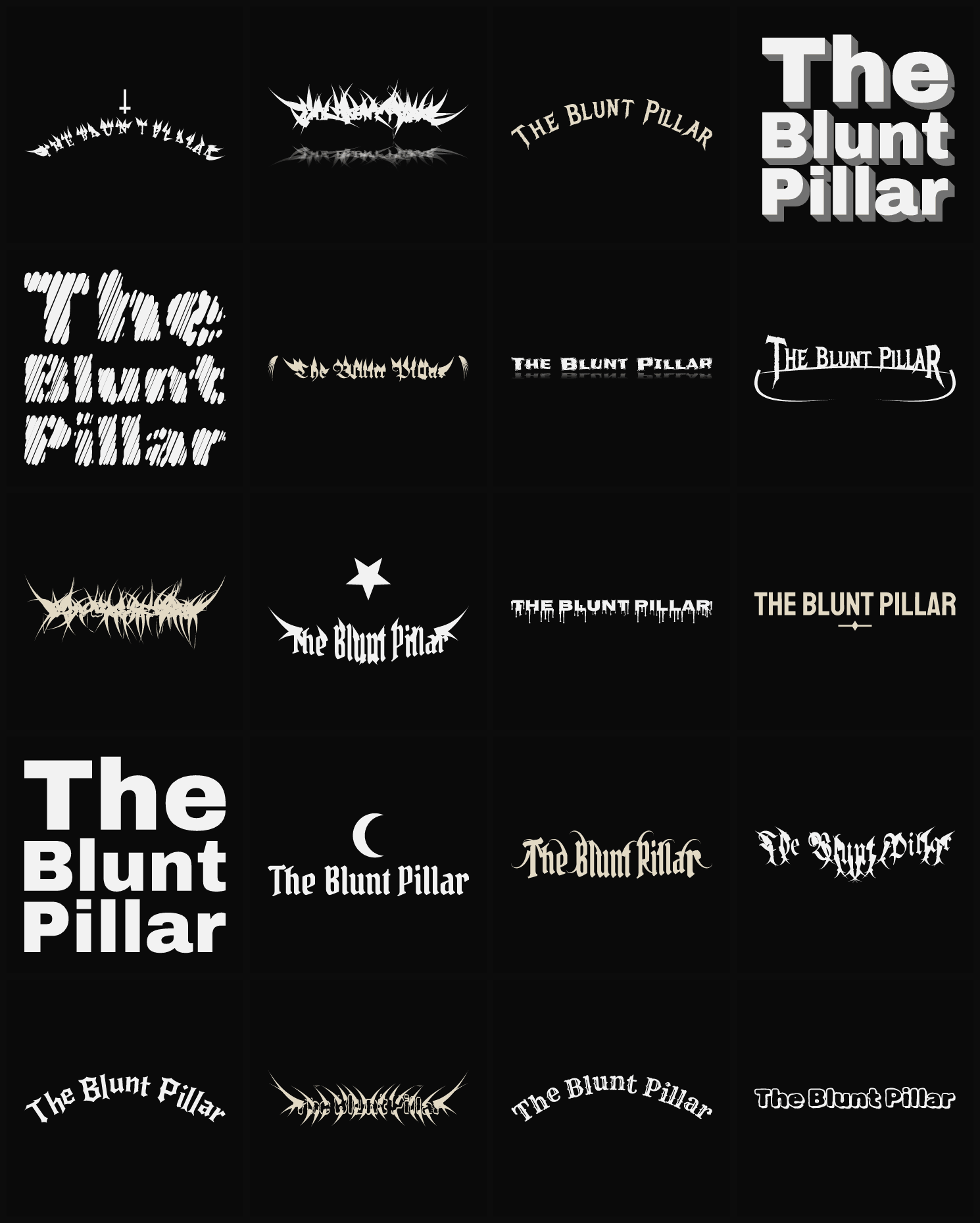 Twenty The Blunt Pillar band logo ideas — different faces, treatments and spike settings