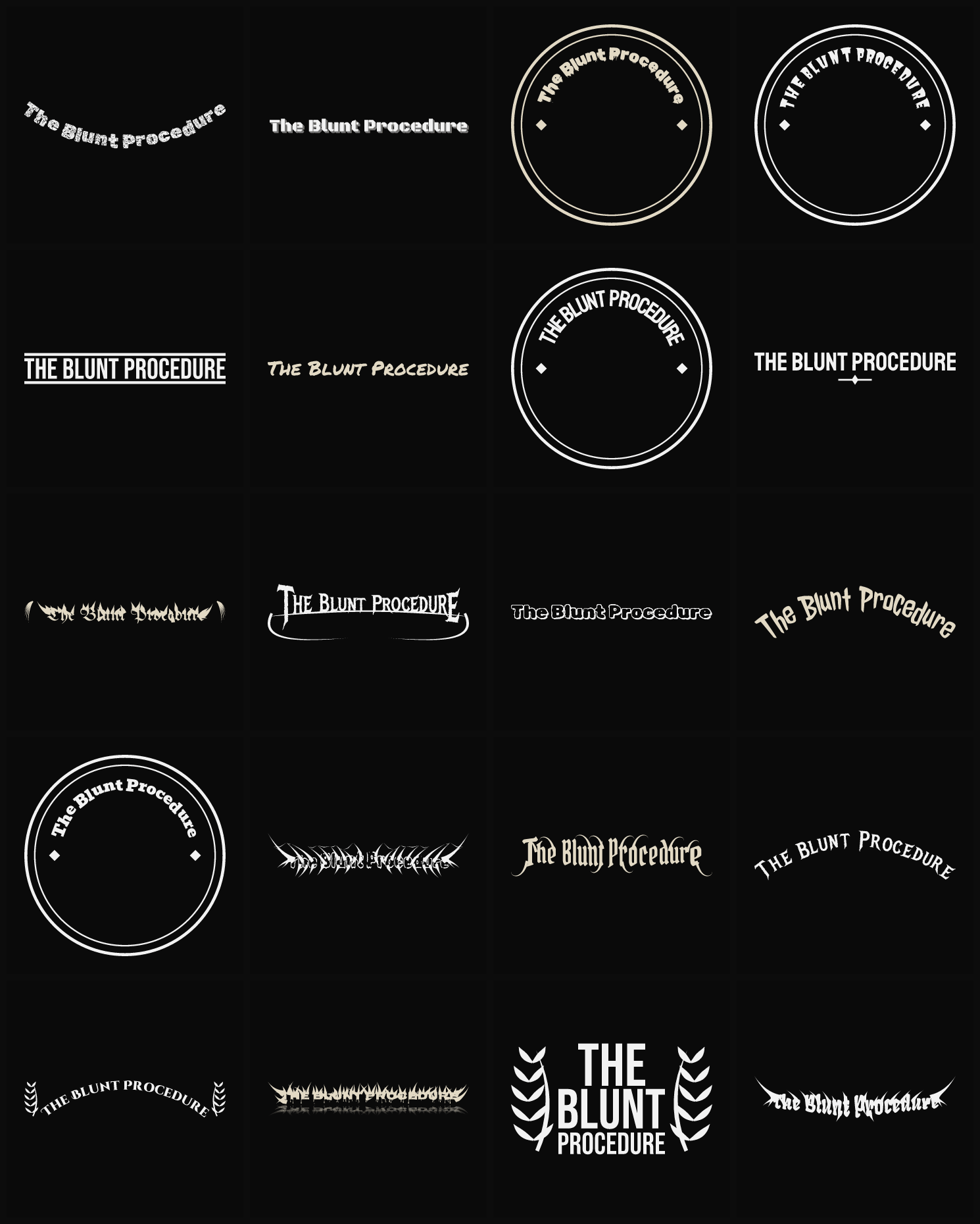 Twenty The Blunt Procedure band logo ideas — different faces, treatments and spike settings