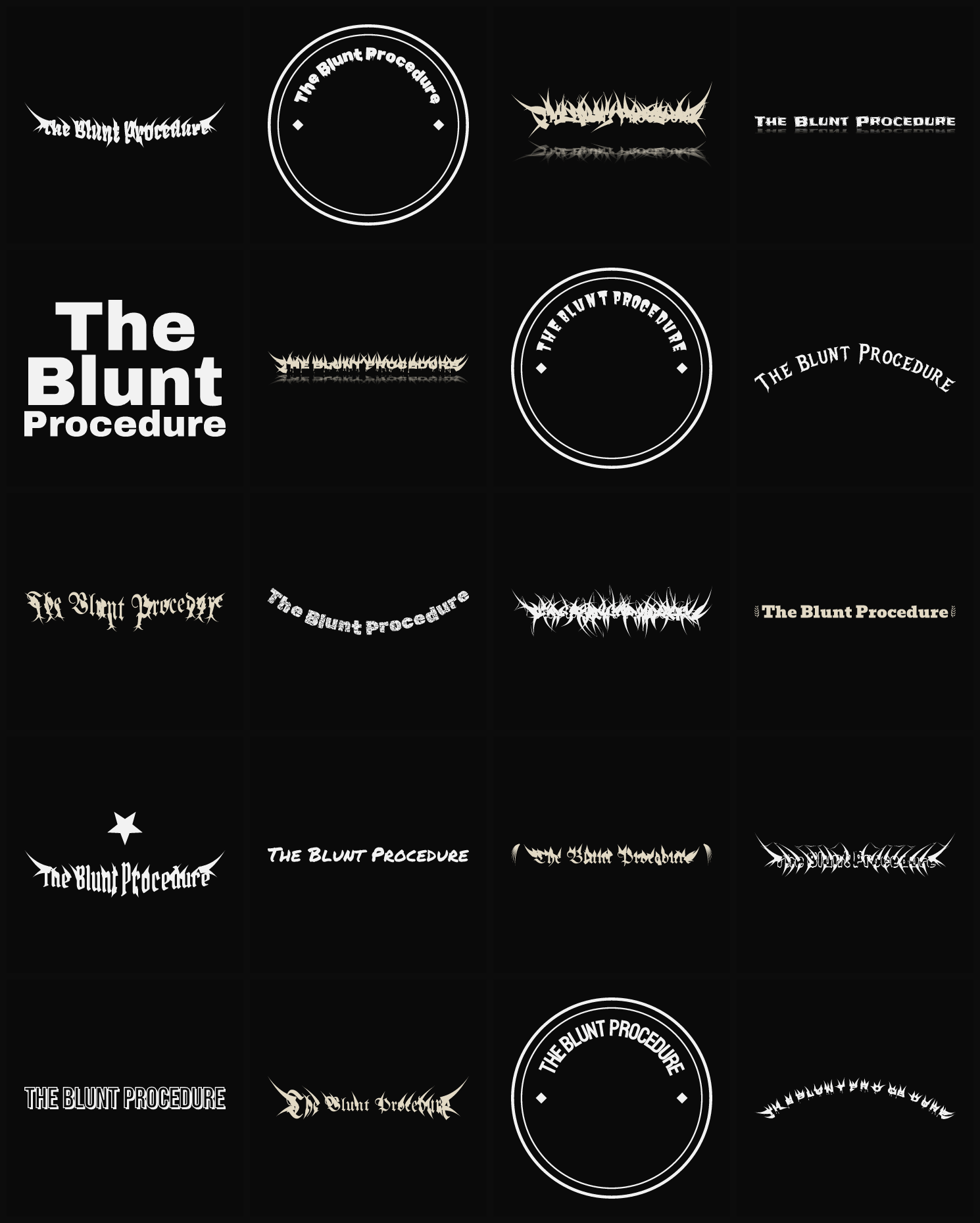 Twenty The Blunt Procedure band logo ideas — different faces, treatments and spike settings