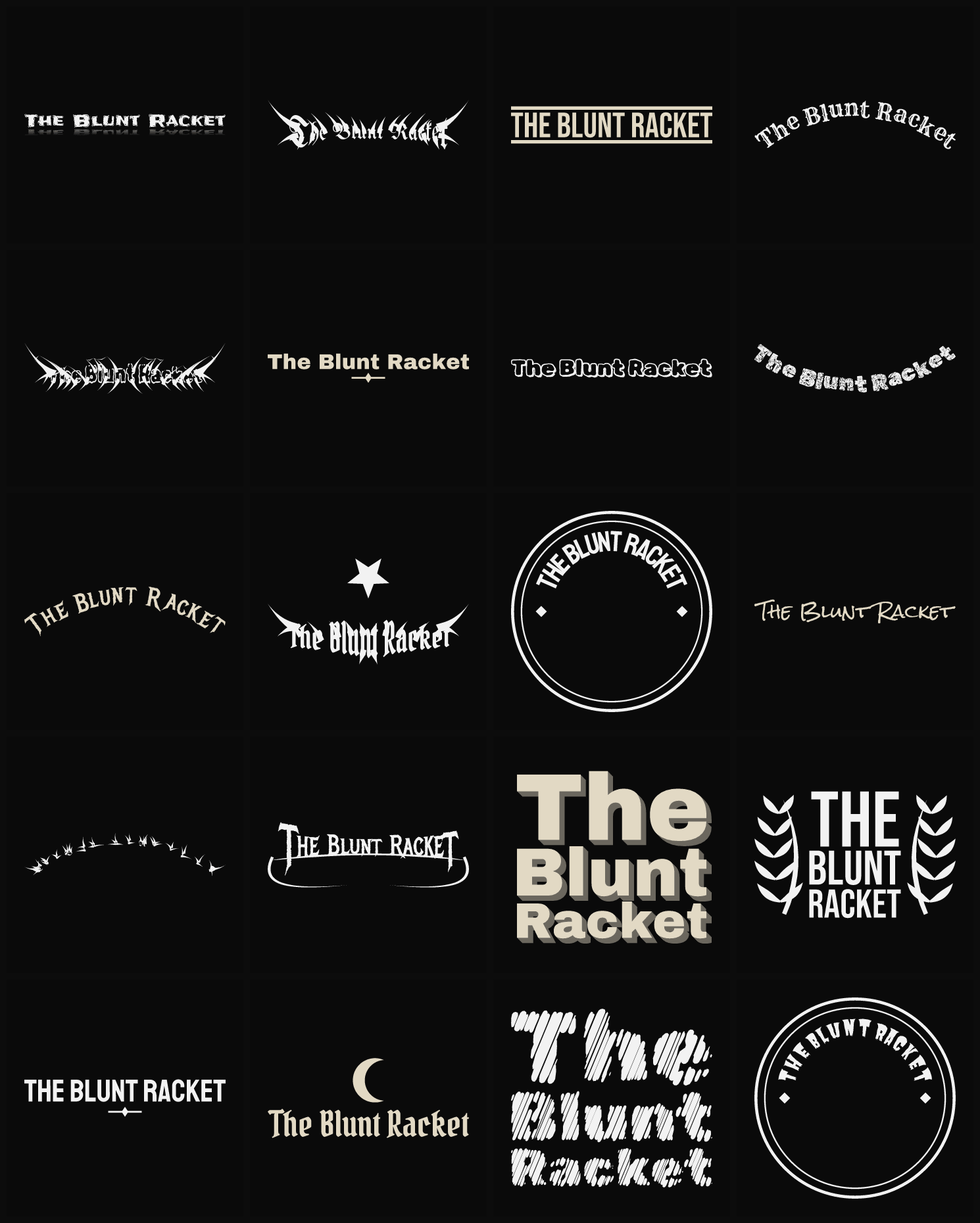 Twenty The Blunt Racket band logo ideas — different faces, treatments and spike settings