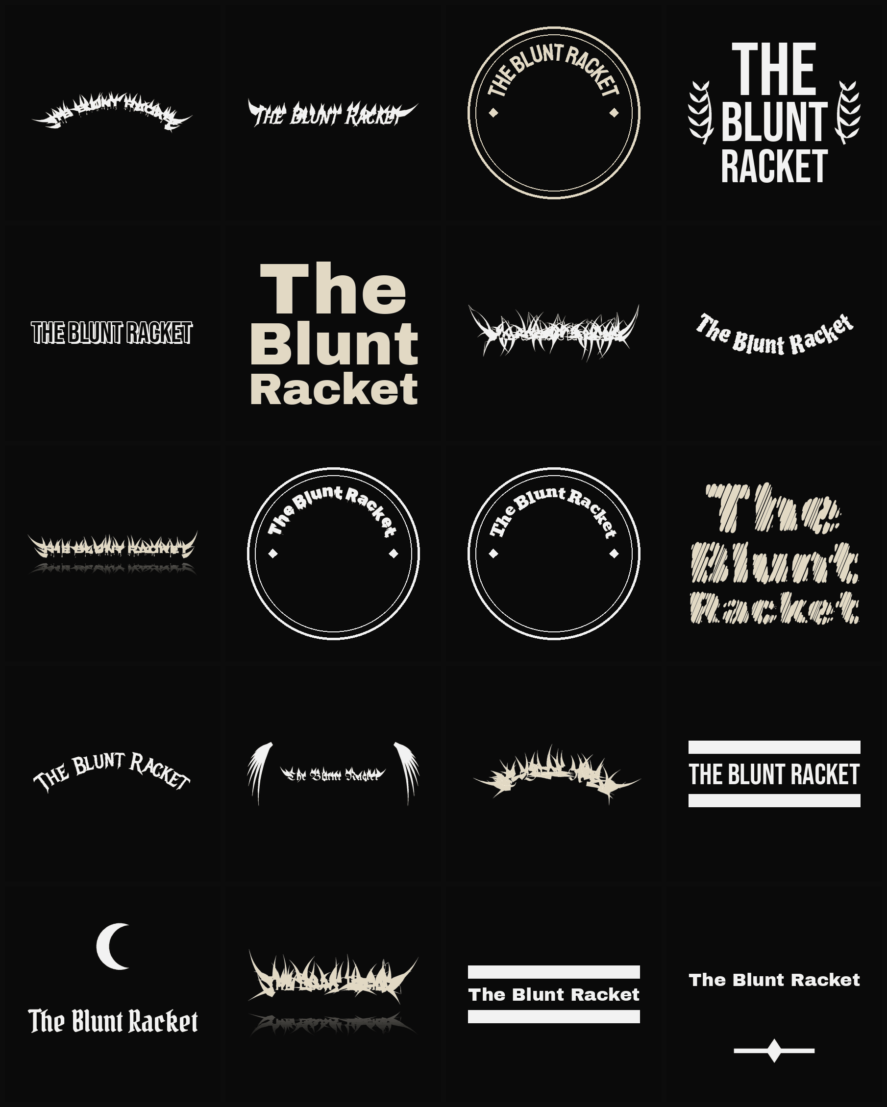 Twenty The Blunt Racket band logo ideas — different faces, treatments and spike settings