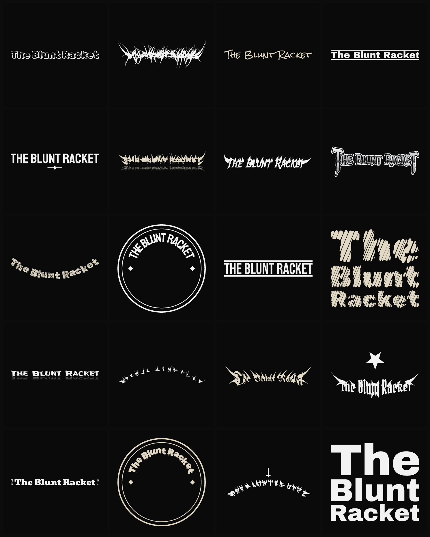 Twenty The Blunt Racket band logo ideas — different faces, treatments and spike settings