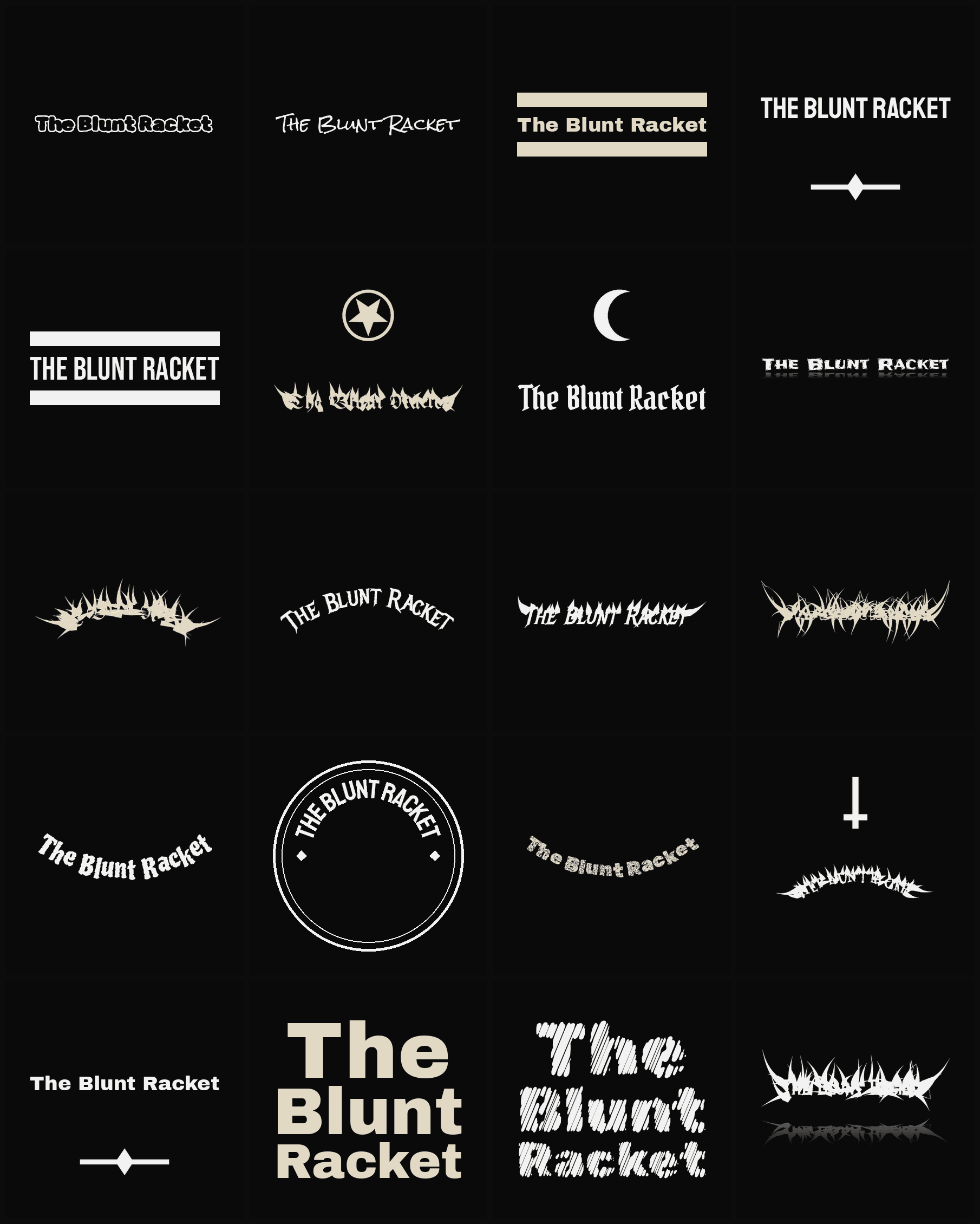 Twenty The Blunt Racket band logo ideas — different faces, treatments and spike settings